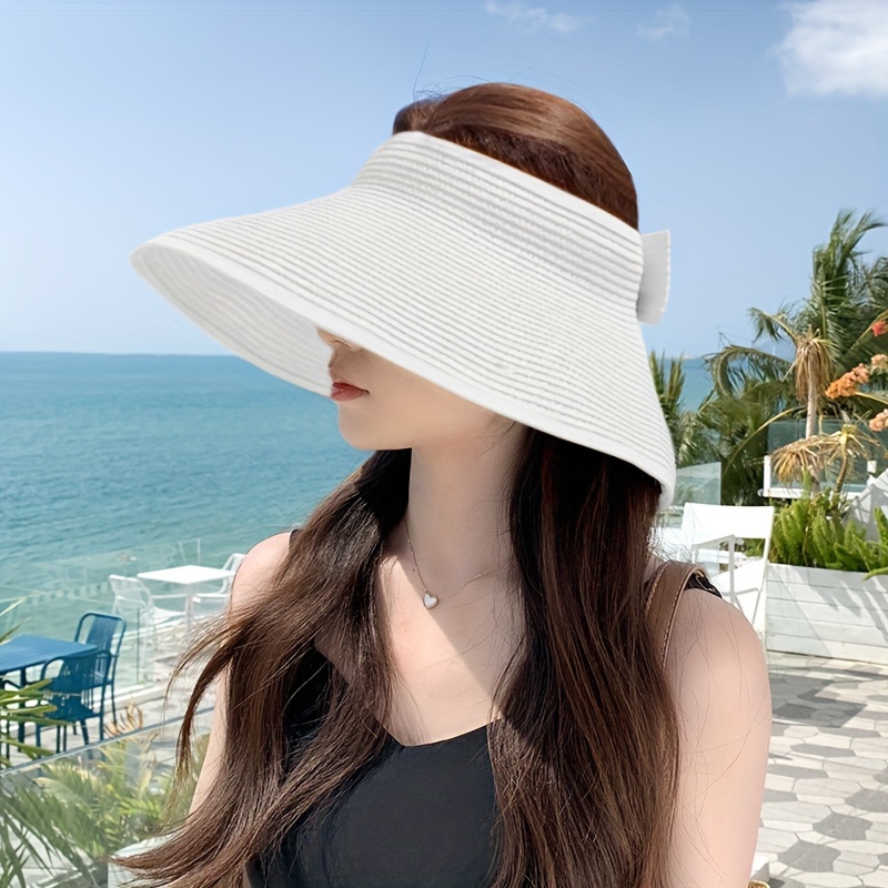 

Foldable Straw Visor Hat Bowknot Wide Brim Ponytail Sun Hats Elegant Uv Protection Travel Beach Hats For Women Outdoor
