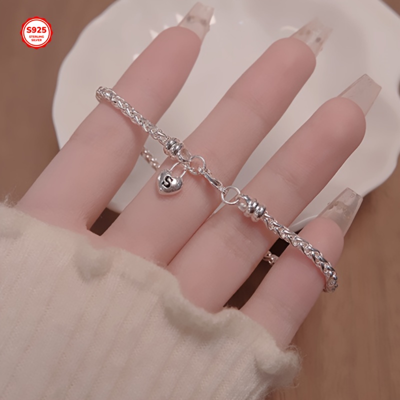 925 Sterling Silver S Lock Heart Chain Bracelet, Boho Style