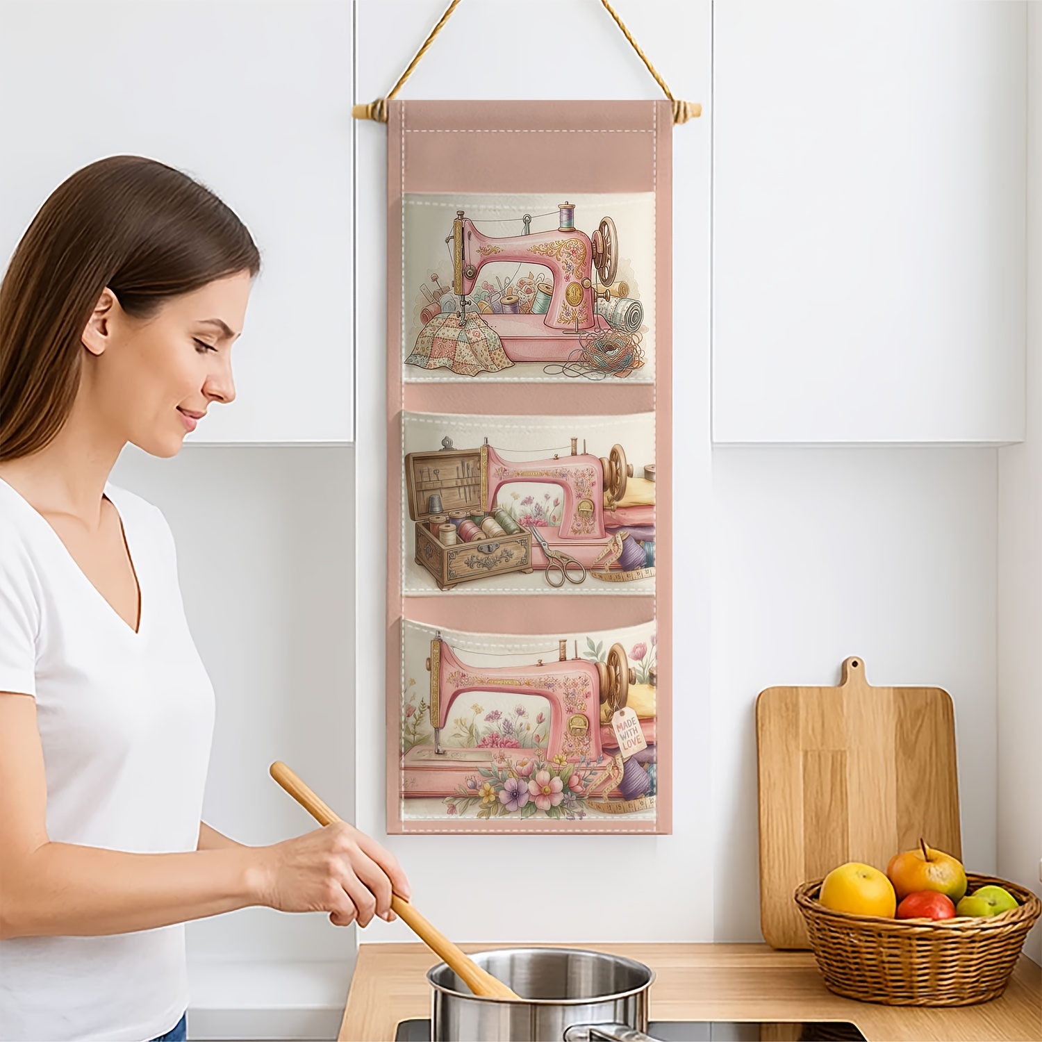 TEMU 1pc Vintage Floral Sewing Machine Wall-mounted Fabric Organizer With Hanging Storage And Multiple Pockets Suitable For Wardrobe, Craft Room -
