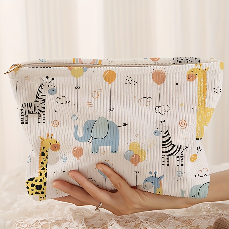Niedliche Cord-Kosmetiktasche Mit Gesichtern – Beige, 26x8x17,5 Cm, Großer Stauraum, Maschinenwaschbar, Perfekt Für Reisen