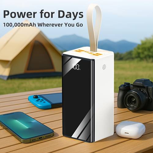 100000mah portable charger featuring 22 5w led light leather handle can charge 5 devices works with ios traveling gifting emergency light stylish power bank