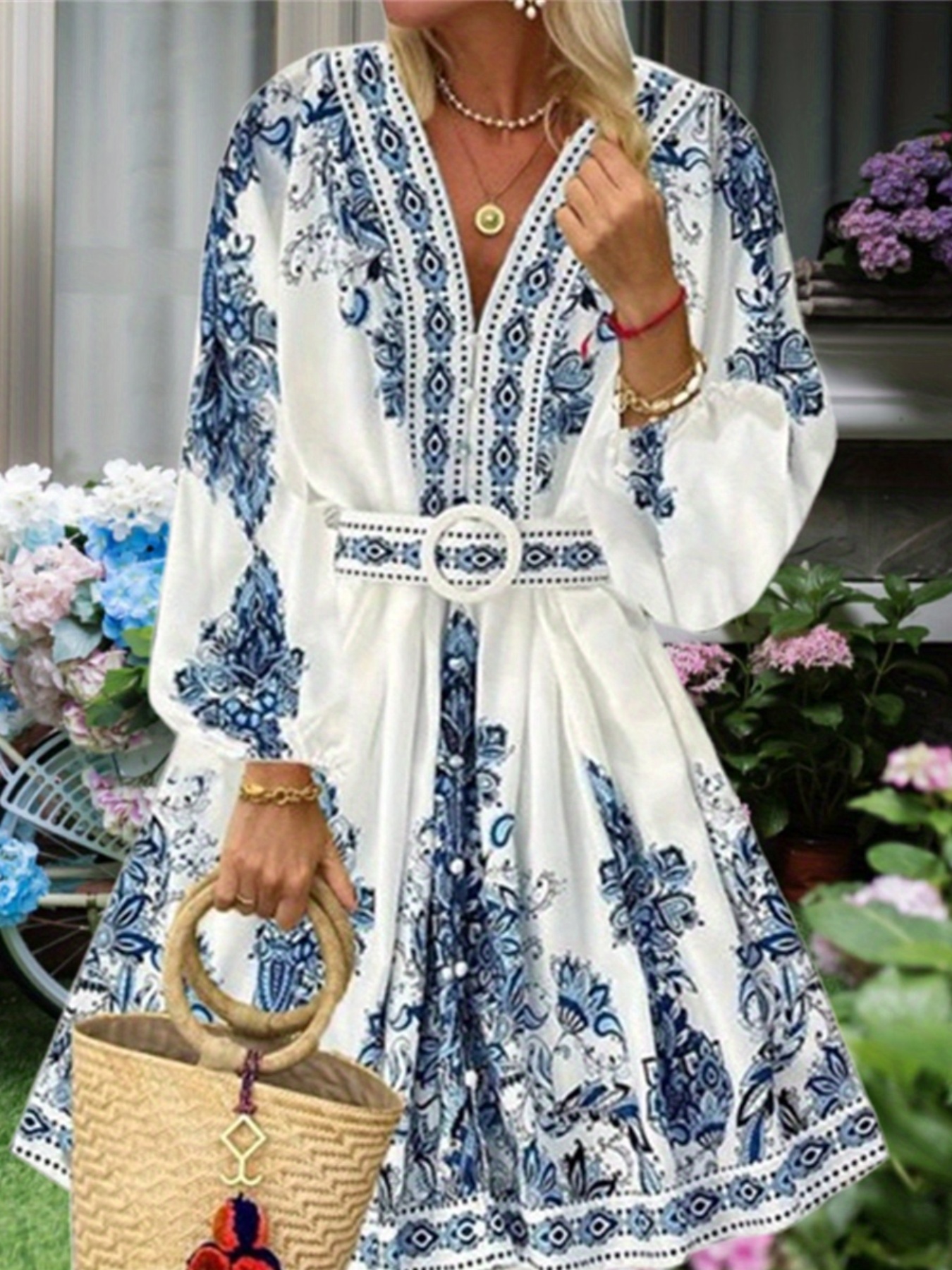 womens vintage bohemian floral print dress v neck long - Temu