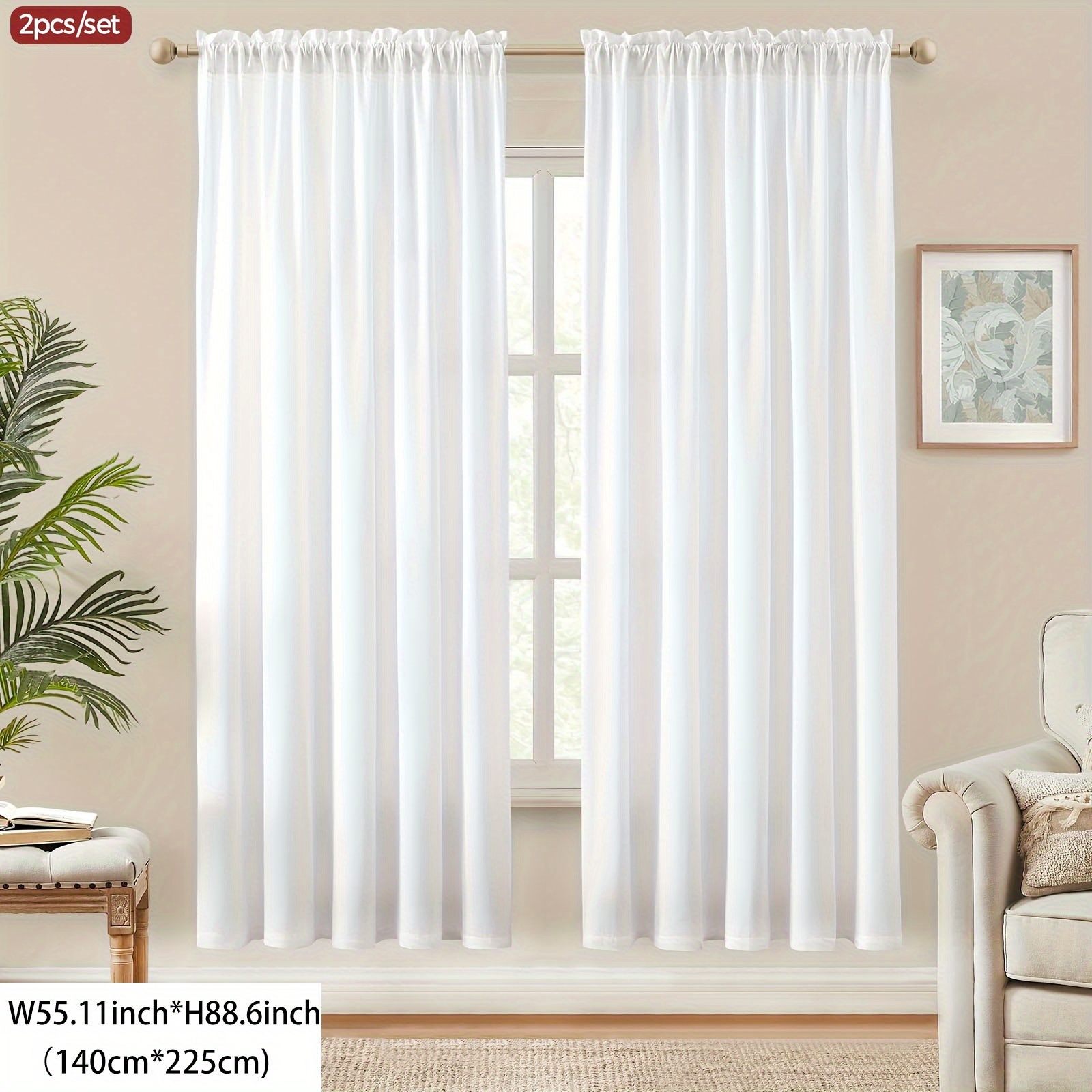 TEMU 2pcs, White Privacy Sheer Curtains, Light Filtering Rod Pocket Curtains, Threaded Rod Hanging Style, 100%, Machine Washable, Non-see-through