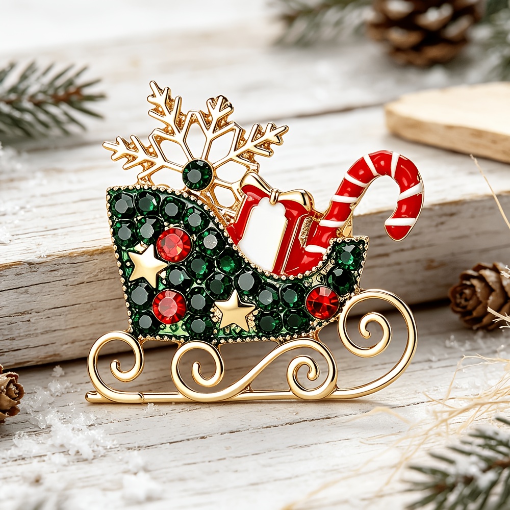 TEMU Whimsical Christmas Sleigh Brooch, Elegant With Snowflake Candy Cane Elements, Inlaid Sparkling Green And Red Rhinestones, Festive Atmosphere
