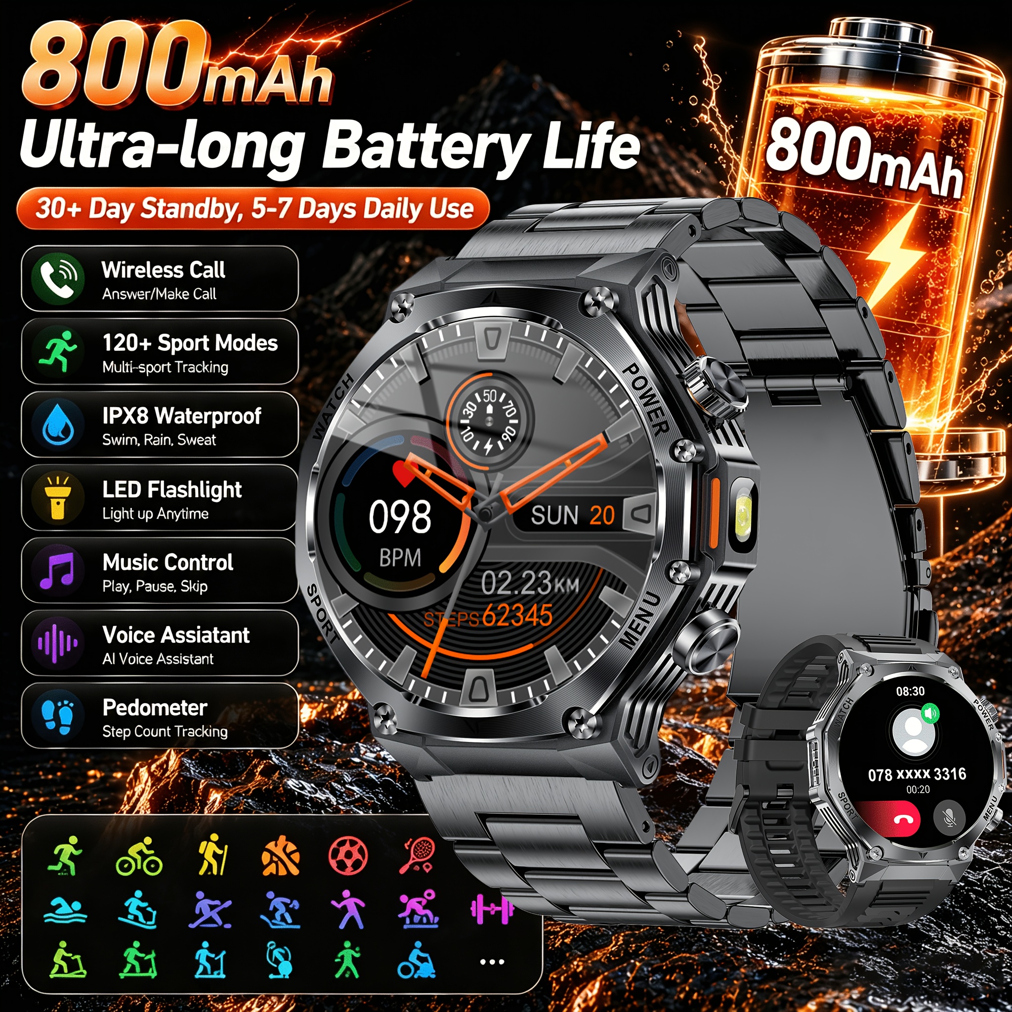 Image of Hirreo Watch, Wireless Calls, 800 Mah Battery, 1.8-inch Hd Display, Sports Watch With Torch 120 , Weather , Ipx8, Message Reminder, Music&camera Control, Fitness Watch With Sleep Monitor For Iphone