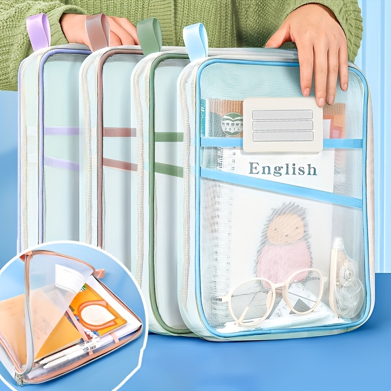 4pcs a4 zippered file folders 3 layer thick mesh transparent nylon document organizer with pastel handles multi compartment storage for   supplies exams books papers file organizer for desk school stationery organizer pastel   durable zipper closure 0