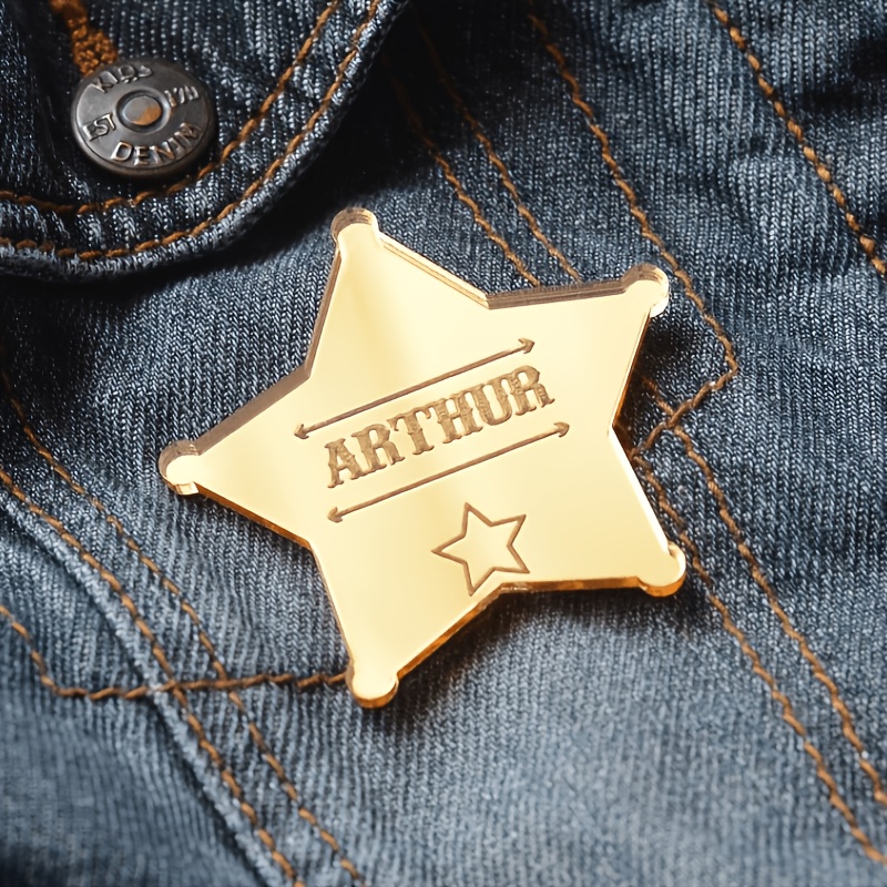 TEMU 2d Flat, 1pc Classic Western Sheriff Pentagram-shaped Acrylic Mirror Brooch, Full Of Hardcore ! The Entire Badge Has A Diameter Of 5cm, A Size