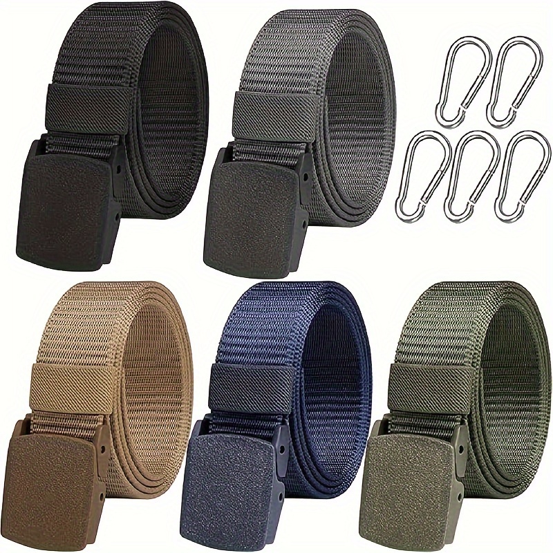 

5-pack Unisex Casual Canvas Belts With Square Plastic Buckle, Adjustable No-hole Nylon Tactical Work Belt