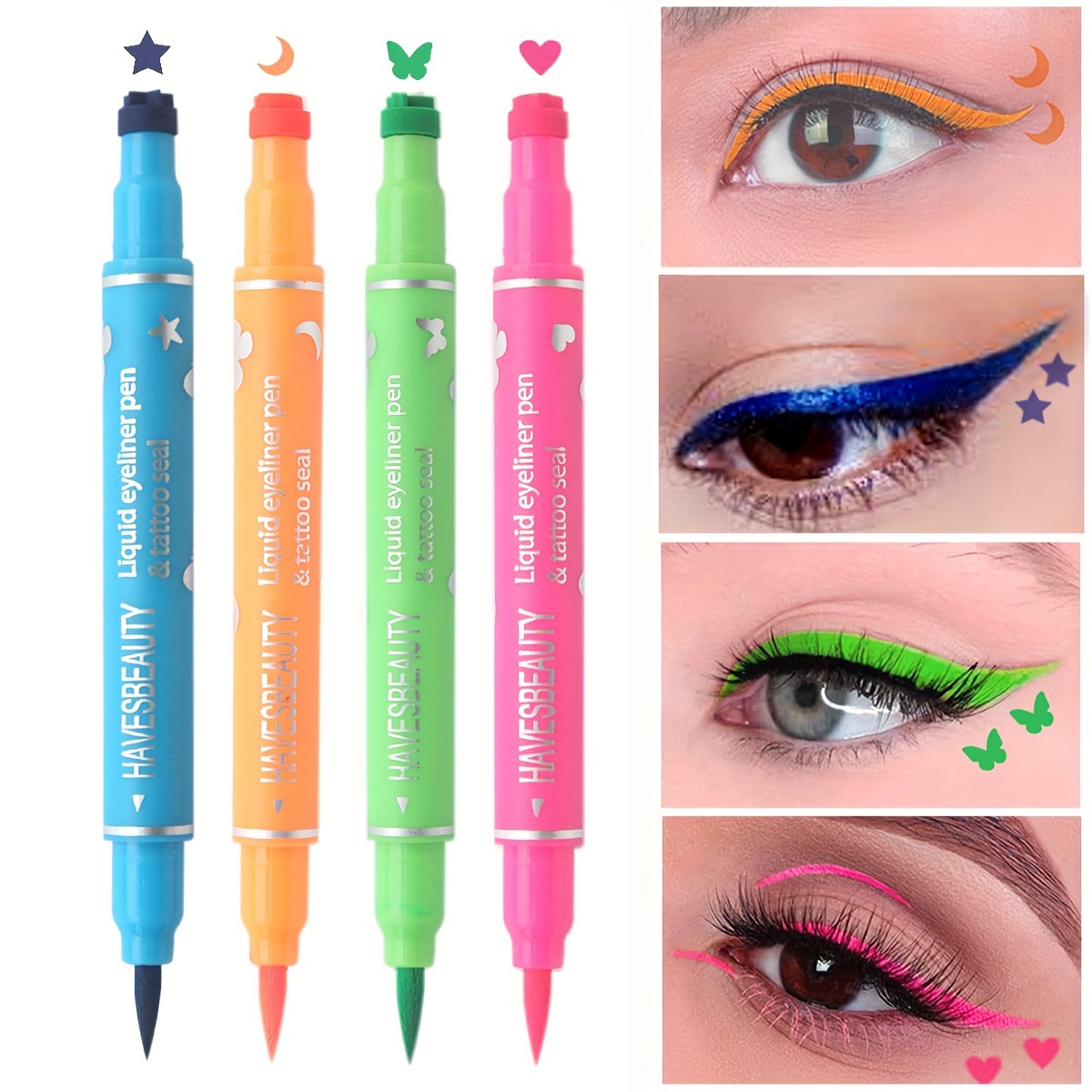 

Waterproof Liquid Eyeliner Set With Stamp - Mixed Color System, Lasting Colored Dual-tip Slim Eyeliners With Moon, Star, Butterfly, Love Stamps, Smudgeproof Eye Makeup, 4 Piece Set