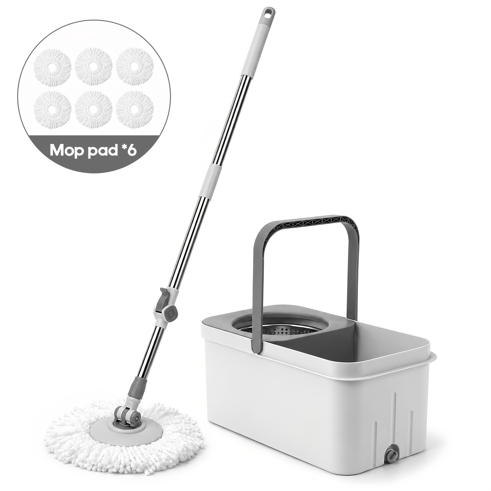 Image of Hands Free Washable Round Mop Set With Bucket And 6 Extra Mop Cloths, Wet Dry Dual Purpose Floor Cleaning Mop, Household Cleaning Tools For Kitchen, Bathroom, Living Room, For