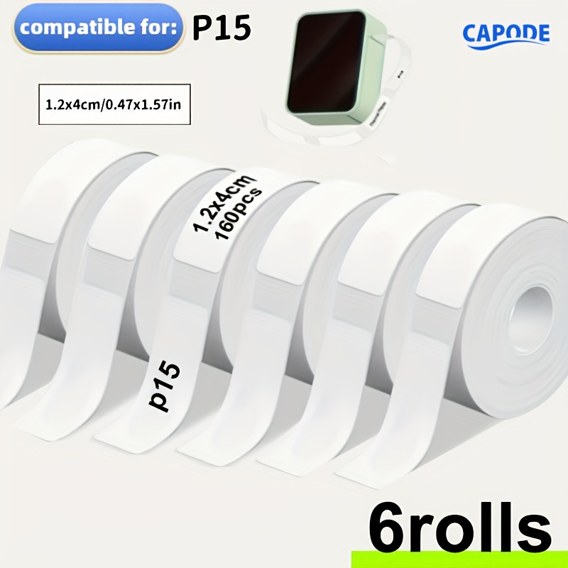Image of 6 Rolls Of Self-adhesive Paper, 12 X 40mm (0.472 X 1.57in) Continuous Paper, 160 Sheets White Per Roll, Compatible, Suitable For P15