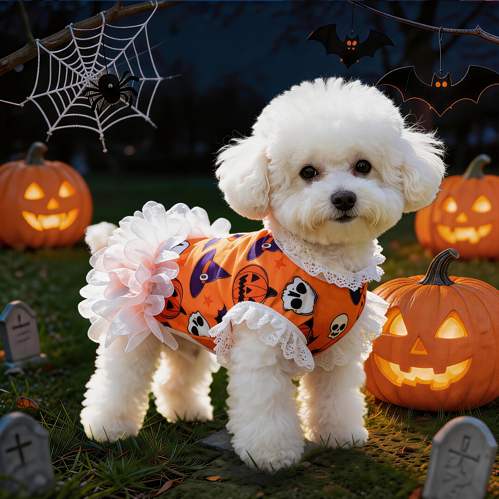 TEMU Pumpkin Print Dog Dress, Cute Large Lace Pet Apparel, For Small To Medium Dogs, Halloween Print, Dress For Daily And Parties