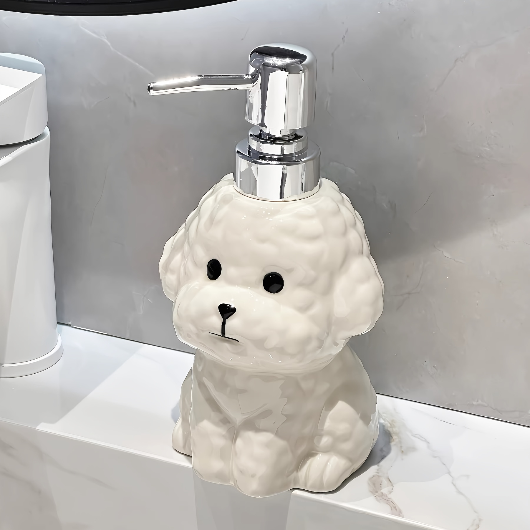 TEMU Distributeur de savon rechargeable en céramique pour lavabo de salle de bain, phtalates, pour des chiens Bichon, pompe à lotion -fuite avec 2
