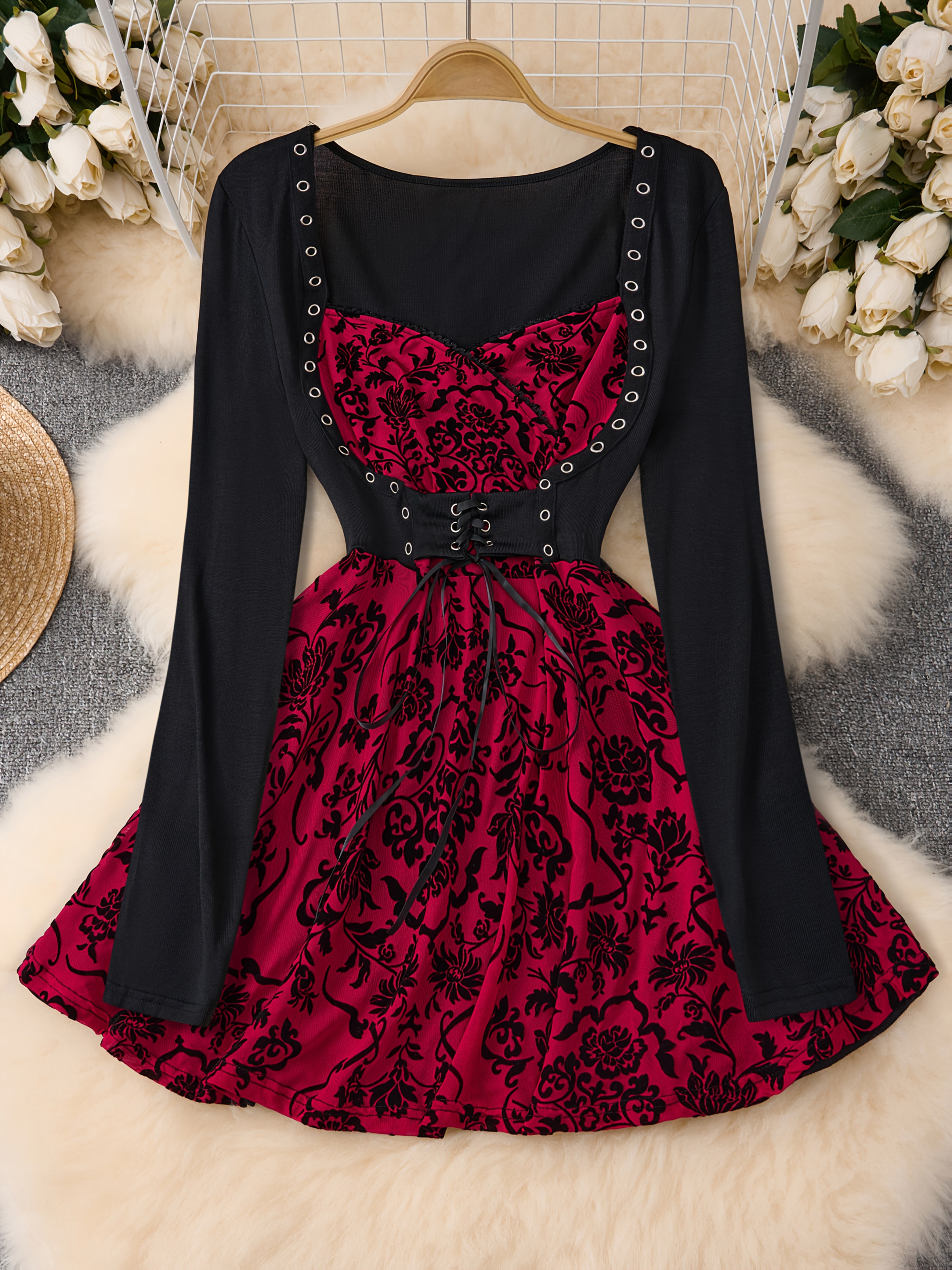 green emerald velvet dress Women's Plus Size Gothic Flared Sleeved Embossed Velvet Red Formal Dress –  Punk Design main image 1