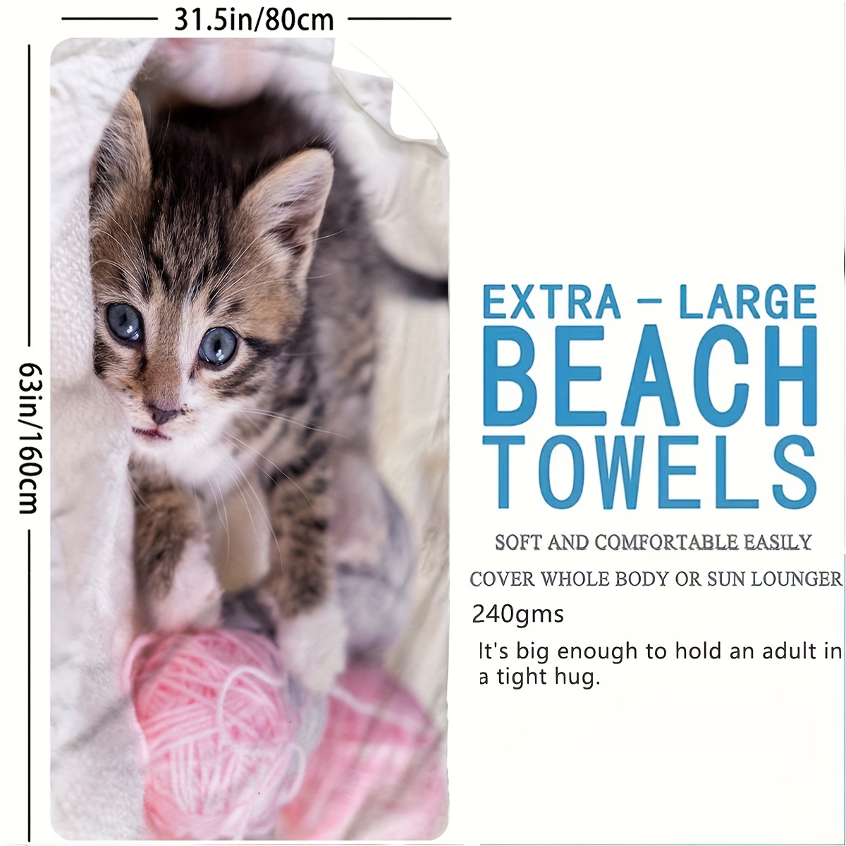 TEMU 1 Stück Kreatives Niedliches Katzen-Strandhandtuch, Modernes Quadratisches Großes Mikrofaser-Weiches Saugfähiges Sonnenschutz-Leichtes Handtuch