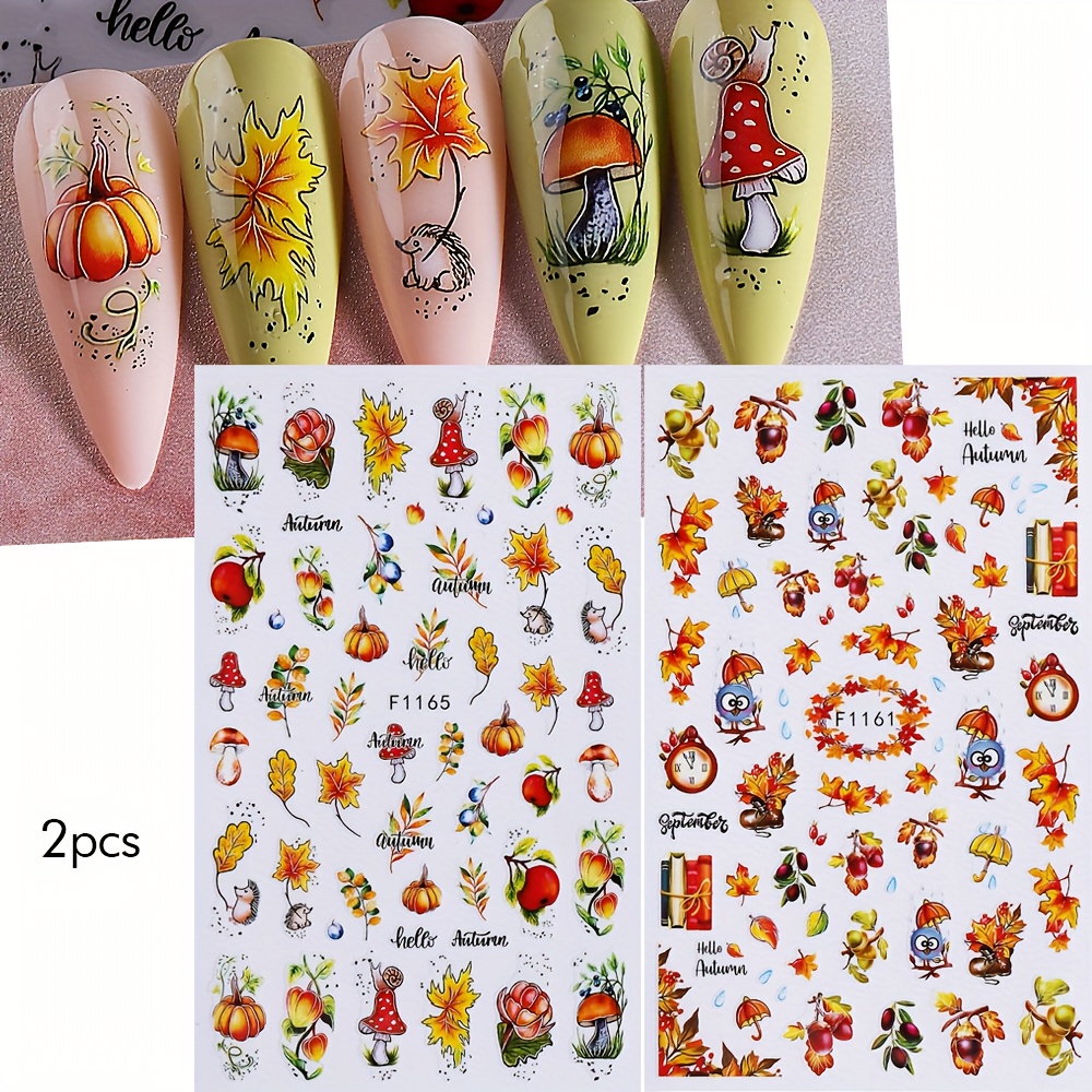Image of 2pcs Autumn Painting Fall Leaf 3d Nail Art Stickers Maple Mushroom Fall Leaf Birds Umbrella Patterns Adhesive Nail Decals Slider Diy Manicure