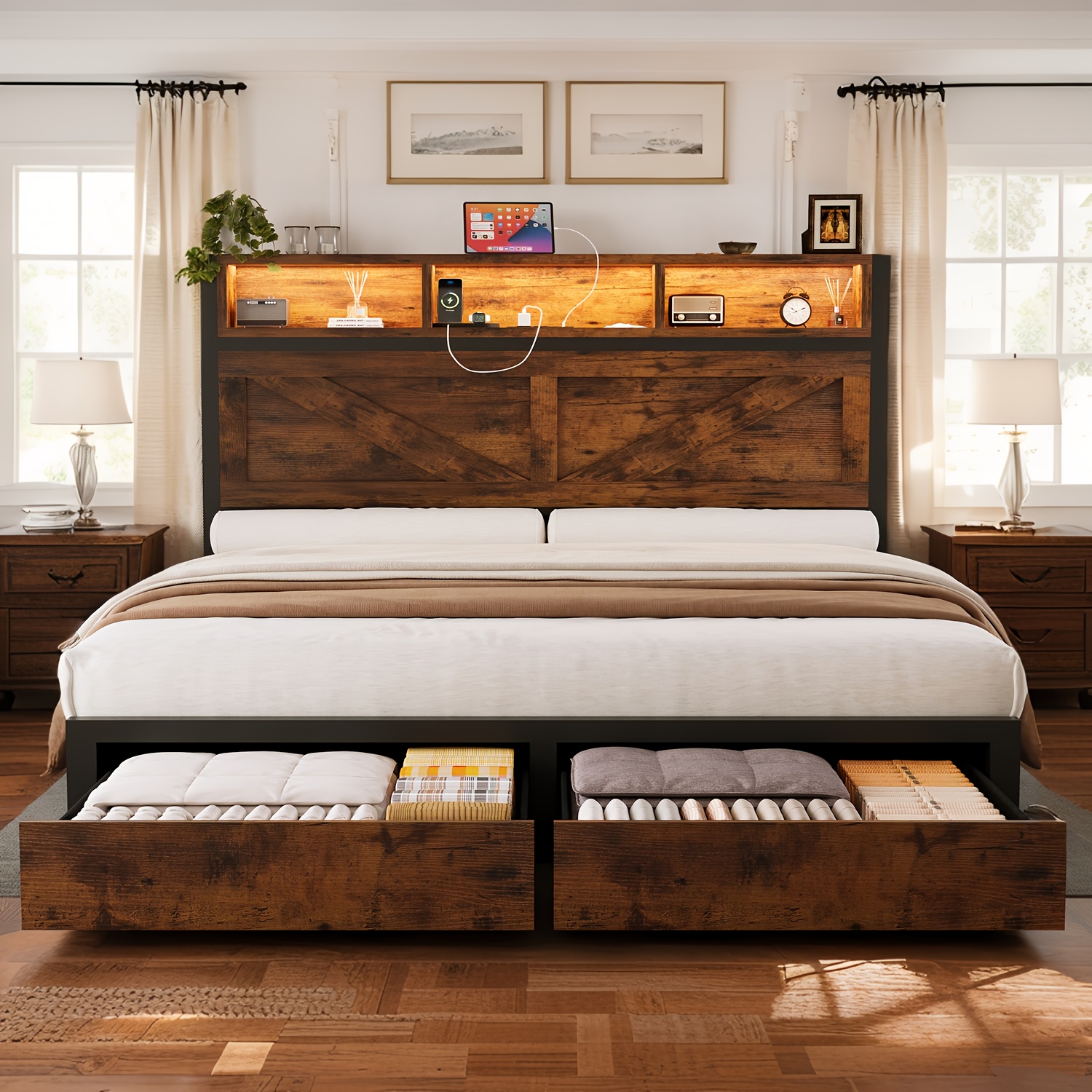 Farmhouse Bed Frame with Storage Headboard and Drawers, LED Light and Charging Outlet, Noise Free, No Box Spring Needed