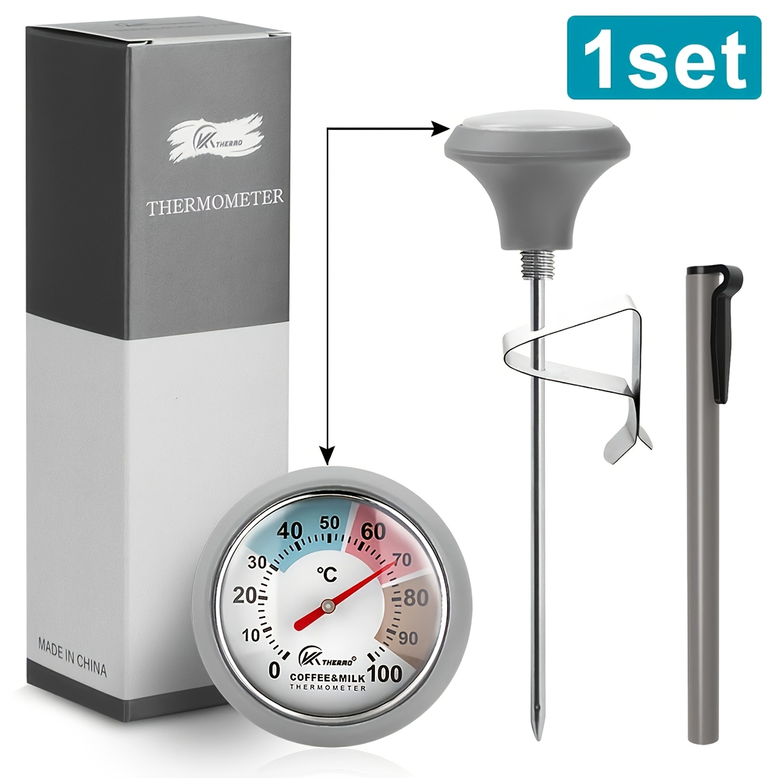 TEMU Coffee Milk Thermometer, 0-100Â°c Thermometer For Coffee, Milk, And Frothing, Stainless Steel Probe With Clip And Pen Case, Ideal For Espresso,