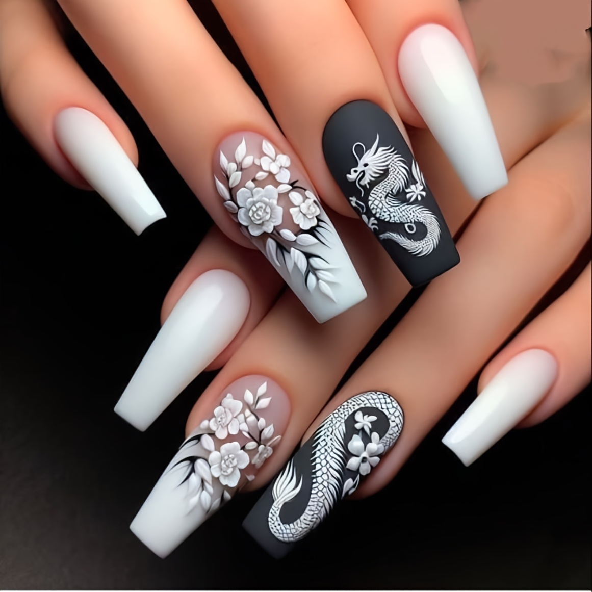 White Gradient Premium Small Floral Chinese Dragon Ballet Nails 24pcs Removable Nail Stickers