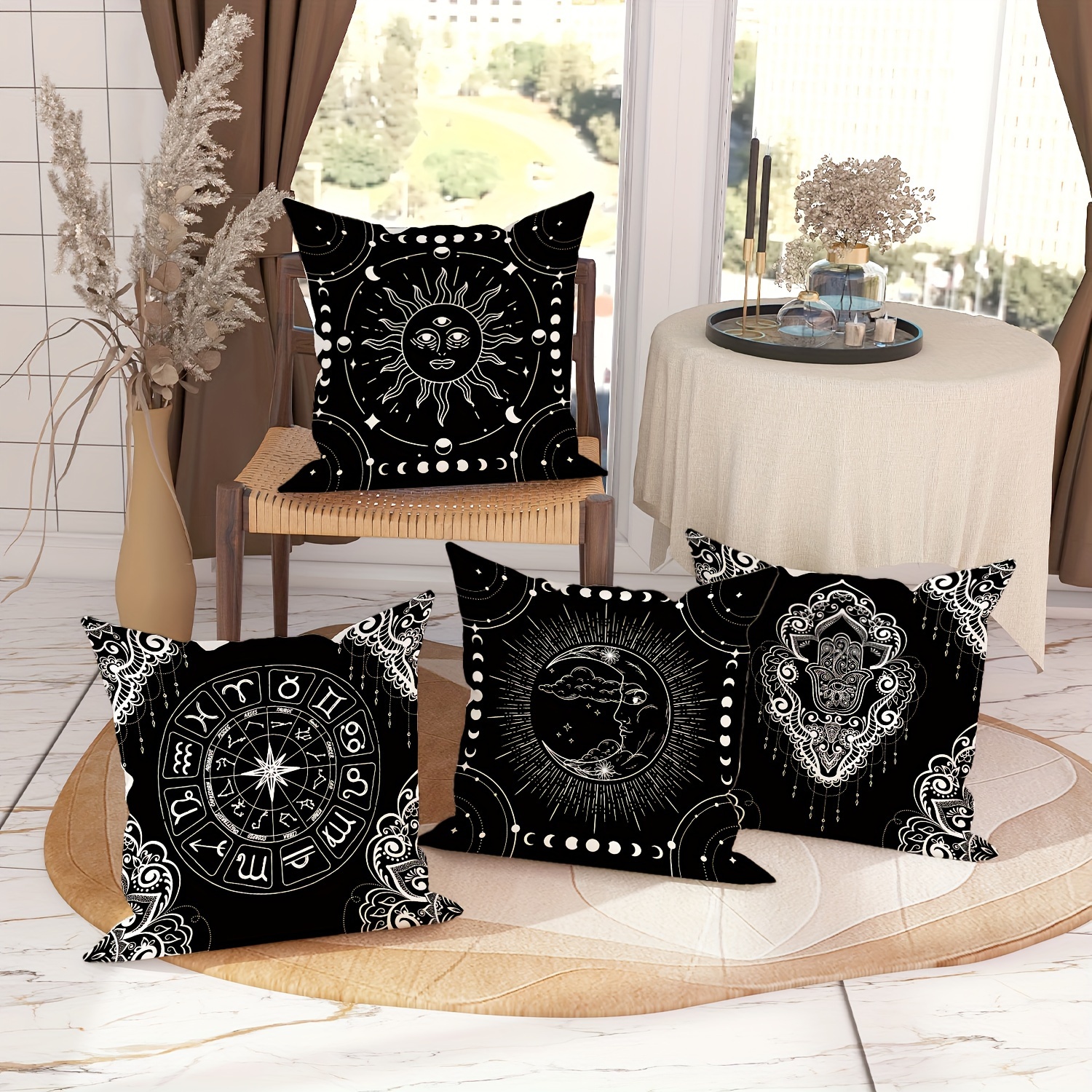 

Bohemian Velvet Throw Pillow Covers - Witch, Sun, Moon, Constellation, Floral Pattern - Black & White 18x18 Inch Cushion Cases For Living Room, Bedroom, Sofa Bed - Zippered, Machine Washable (4 Pack)
