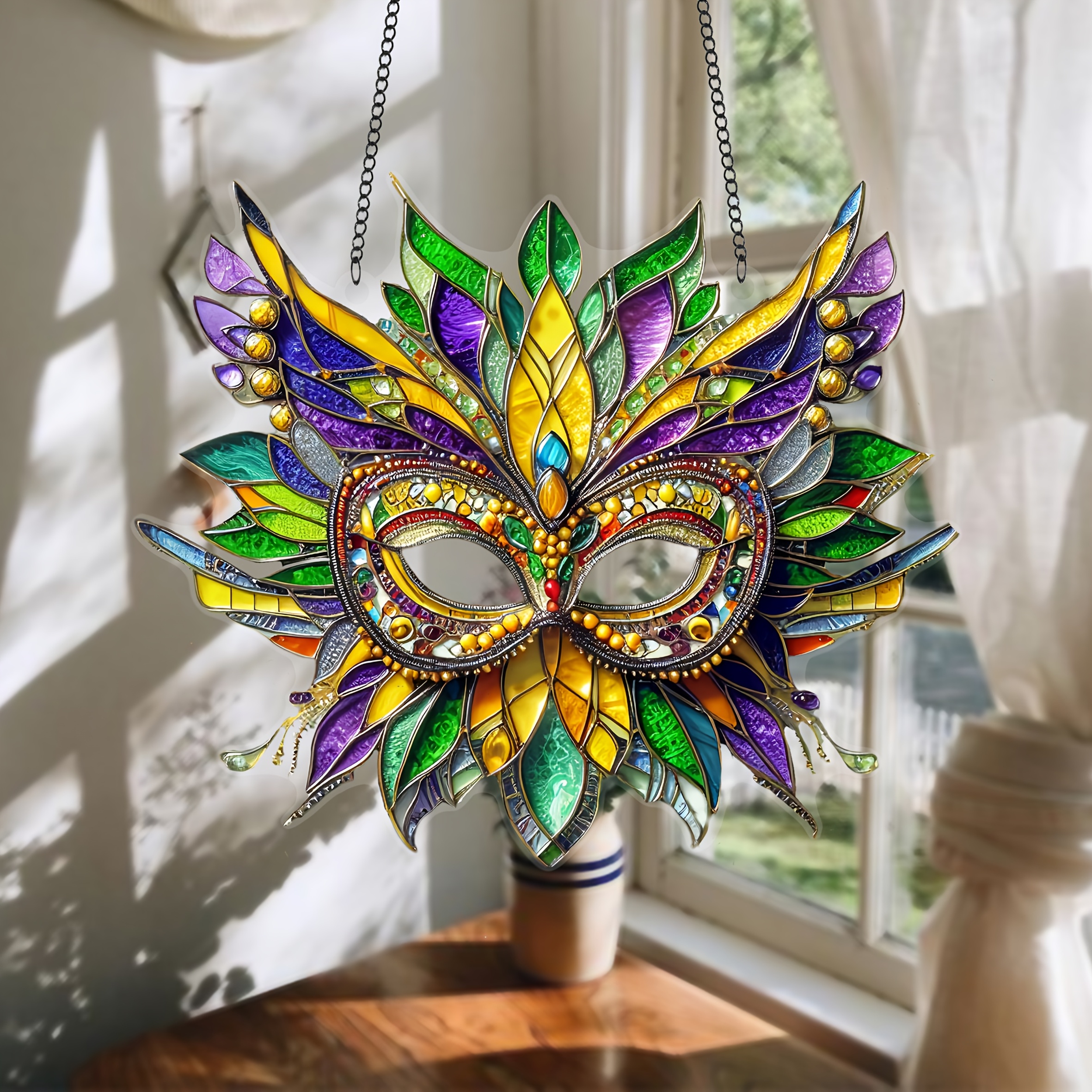 

2d Flat 1pc Acrylic Mardi Gras Mask Suncatcher - 7.87" X 6.69" Hanging Light For Window & Garden, Porch & Wall Art, Outdoor Seasonal Decor, No Electricity Needed, Ideal Holiday Gift, Outdoor Decor