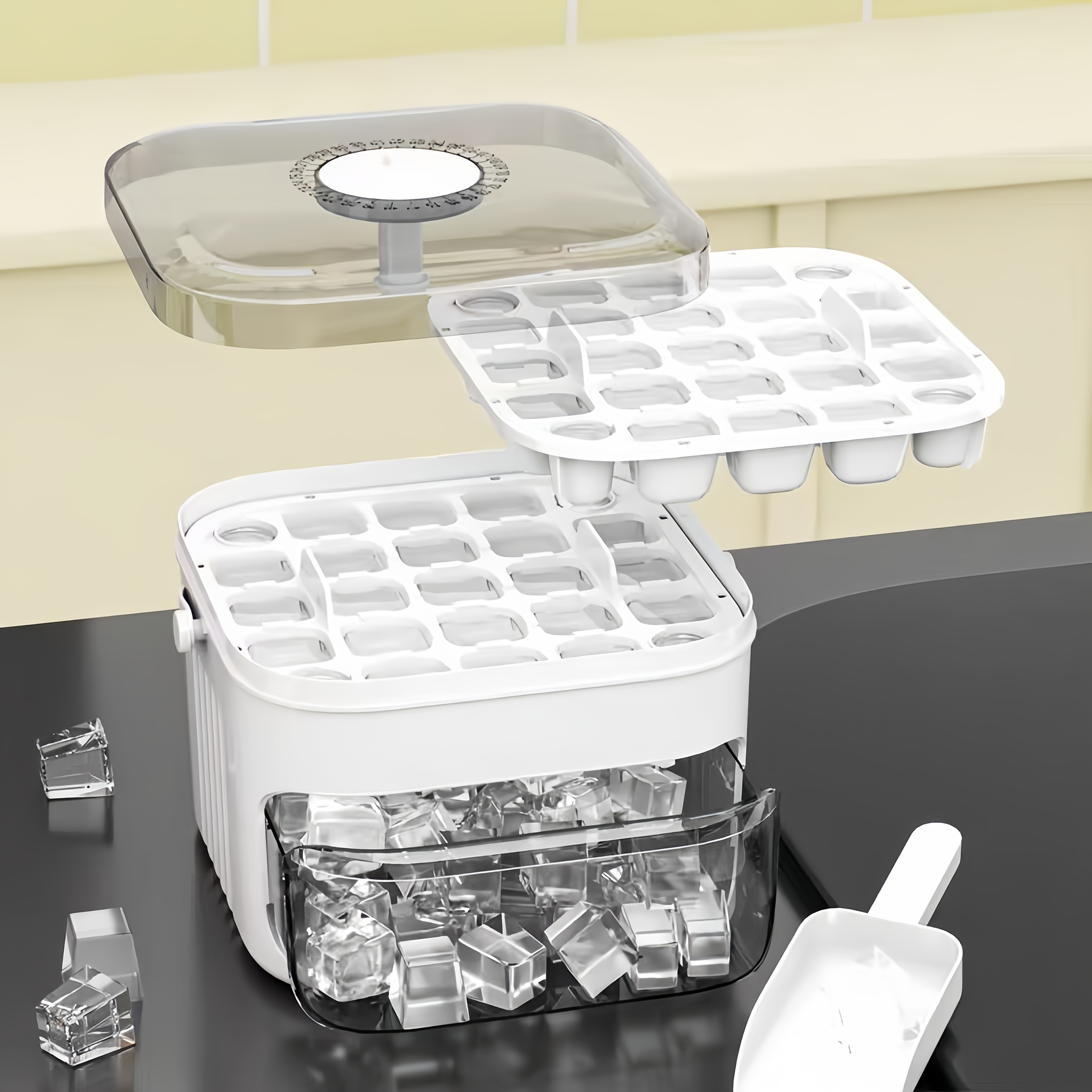 1pc Press Cube Of Ice Mold For Homemade Ice Cubes, Large Capacity Storage, Suitable For Home Mini Refrigerators With Lids, Dual-layer Ice Storage Box Combines And Storage