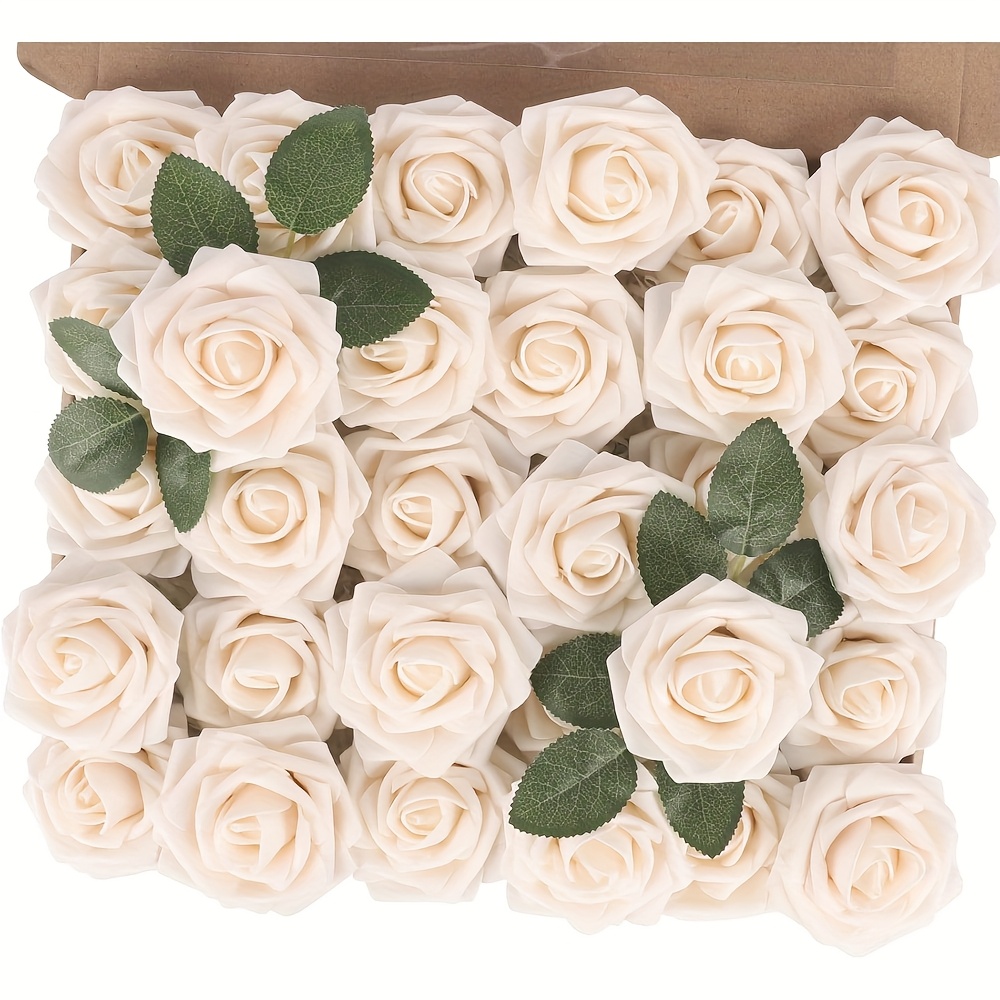 30 Artificial Roses And 2 Leaves | Realistic Stemmed Foam Roses For Wedding Bouquets, Bridal Gifts, Party Table Decorations, Valentine's Day, Mother's Day, Halloween, Christmas