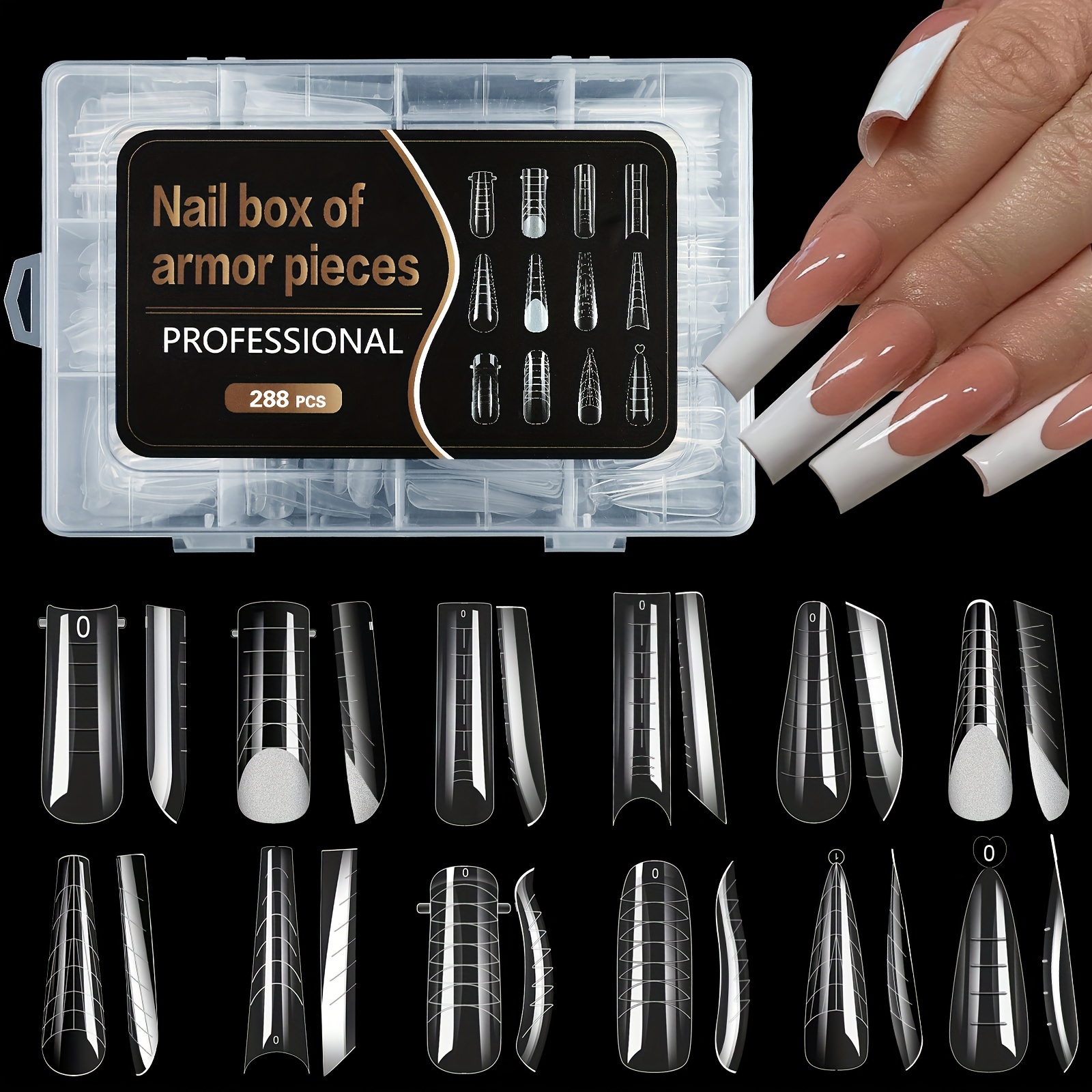 

Kit professionnel d'extension d'ongles - 288 moules transparents en acrylique pour 'ongles en 12 , design cercueil et stylet avec double mode et outils de mesure pour le nail art