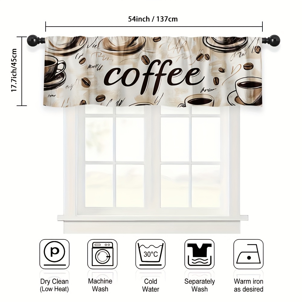 TEMU 1pc Coffee Elements Print Short Valance - Retro Coffee-themed Rod Pocket Curtain With Coffee Cups & Beans Design, Semi-translucent Polyester,