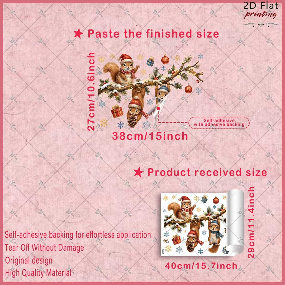 TEMU 2D Flat - 2D Flat - 1 pz 2D Flat Stampato Scoiattoli Natalizi che Giocano su Rami Pigna Regalo Bauble Adesivo per Finestre, Adesivo Decorativo