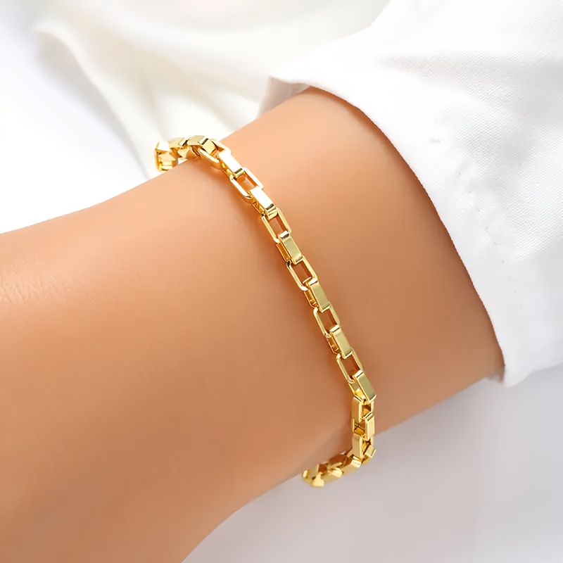 Women's Elegant Golden-Tone Stainless Steel Thin Rectangular Chain Bracelet