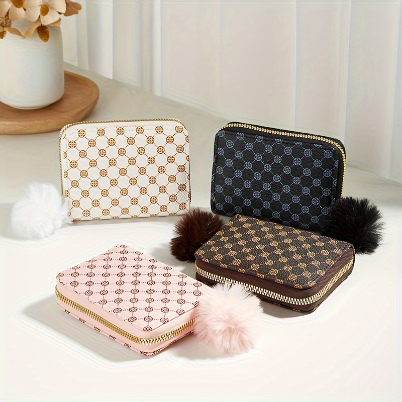 

2024 Trendy Retro-inspired Women's Coin Purse With Pompom - Faux Leather, Zip Closure, Polyester Lined