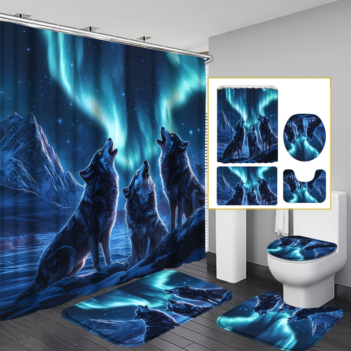 TEMU 4pcs Wolf Pattern Bathroom Set, Shower Curtain With Rust-resistant Hooks, Non-slip Bath Mat, Toilet Cover Mat, U-shaped Carpet, And Bathroom Rugs, Complete Bathroom Accessories Decoraction