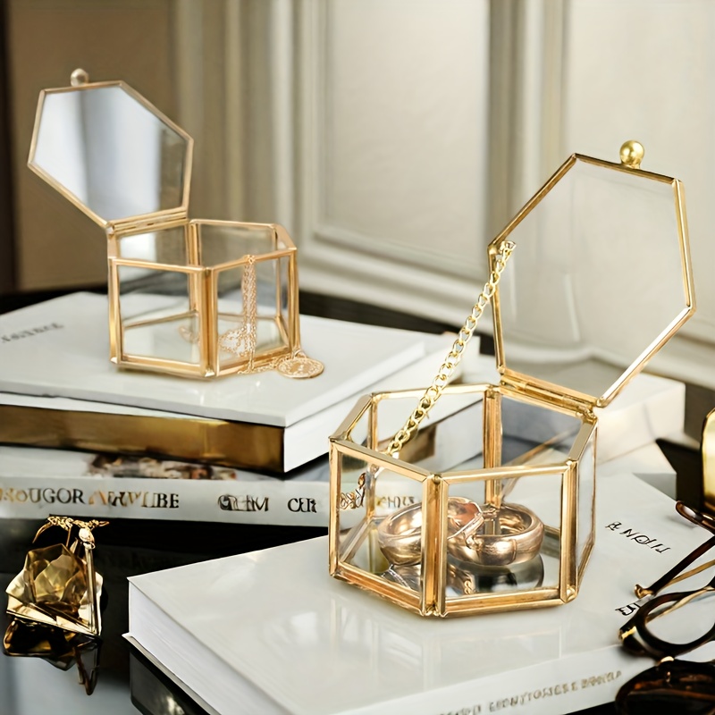 TEMU Hexagonal Glass Ring Box, European Elegant Style, Suitable For Storing Necklaces/rings/bracelets And Other Jewelry, Wedding Decoration Gift For