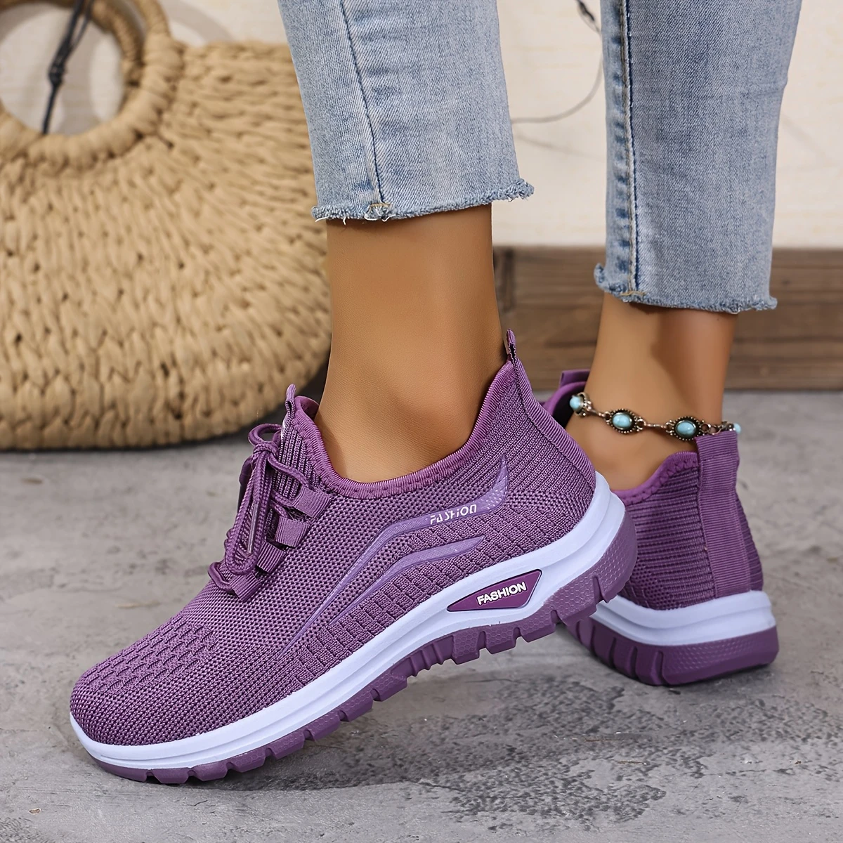 womens casual sports outdoor running walking daily commuting lace up patterned double layer easy on off knitted shoes details 4