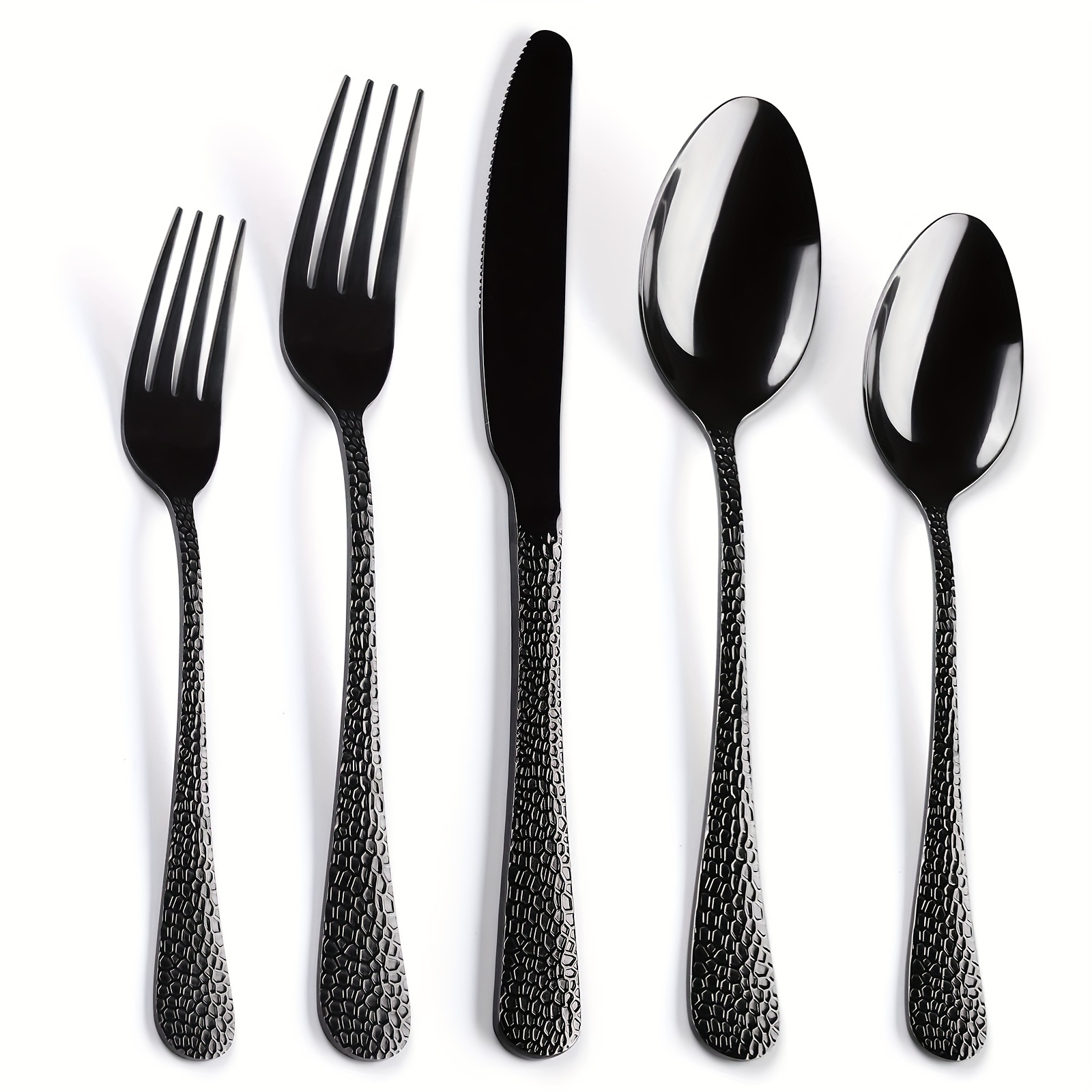 

40 Piece Modern Hammered Flatware Set, Black Silverware Set With Luxury Decoration, Stainless Steel Cutlery Utensils Service For 4, Include Knife Fork Spoon, Mirror, Reusable Dishwasher Safe