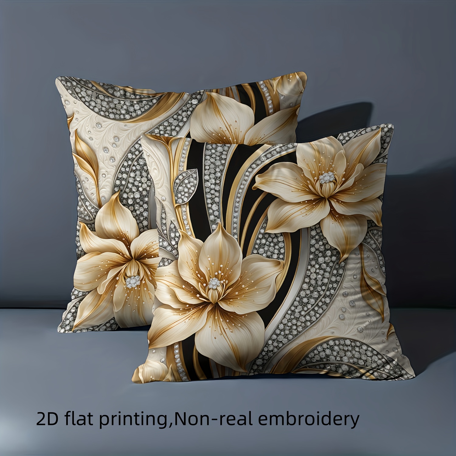 TEMU 2D Flat - Dos Fundas de Almohada 2D HD con Impresión Digital , Diseño de Flores Doradas con Negro y Plateado. Lavables a Máquina, Hechas de