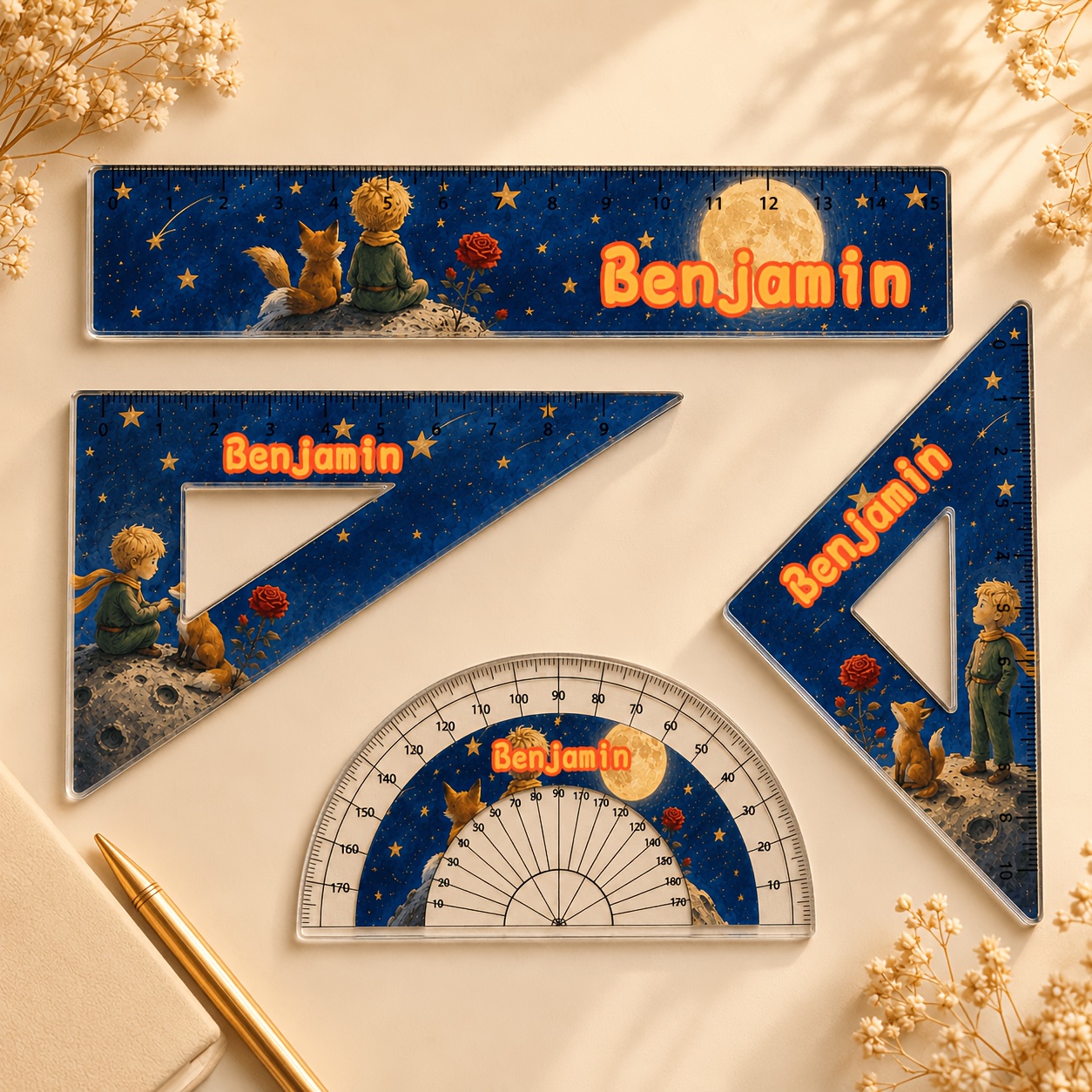 TEMU Ensemble de 4 règles en acrylique avec nom personnalisé, thème , cadeau de papeterie scolaire personnalisé, ensemble de 4 règles, équerre