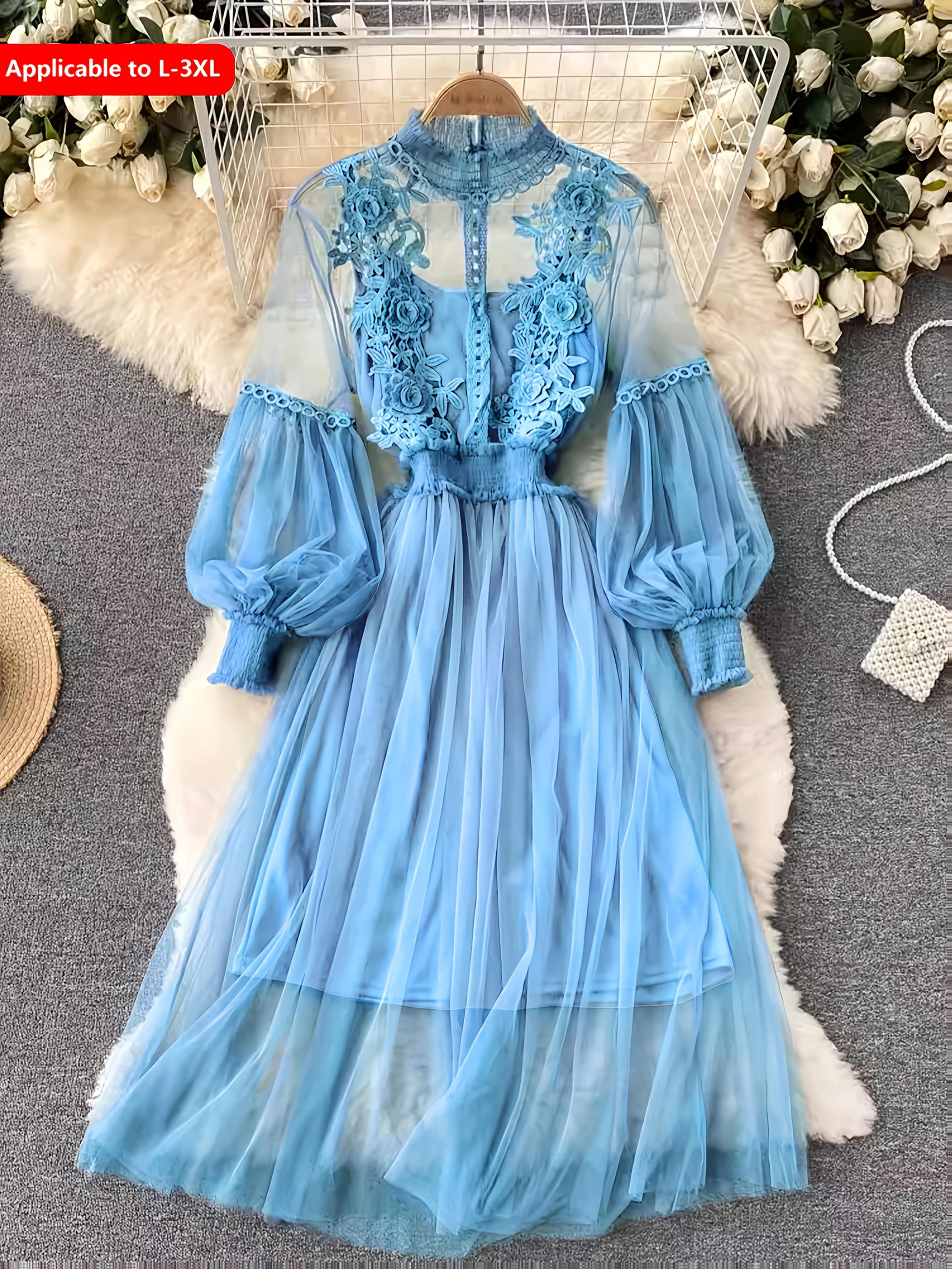 mesh lantern sleeve lace dress Sexy Perspective Mesh Lantern Sleeve High Waist Banquet Dress Large Evening  Dress
