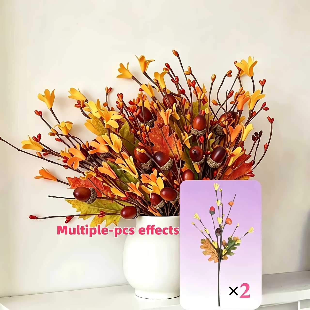 TEMU 2 Bundles 17.72-inch Orange Artificial , Chestnuts And Berries Stems, For Autumn Decoration. Handmade Floral Branch Decor, Suitable For Vases,