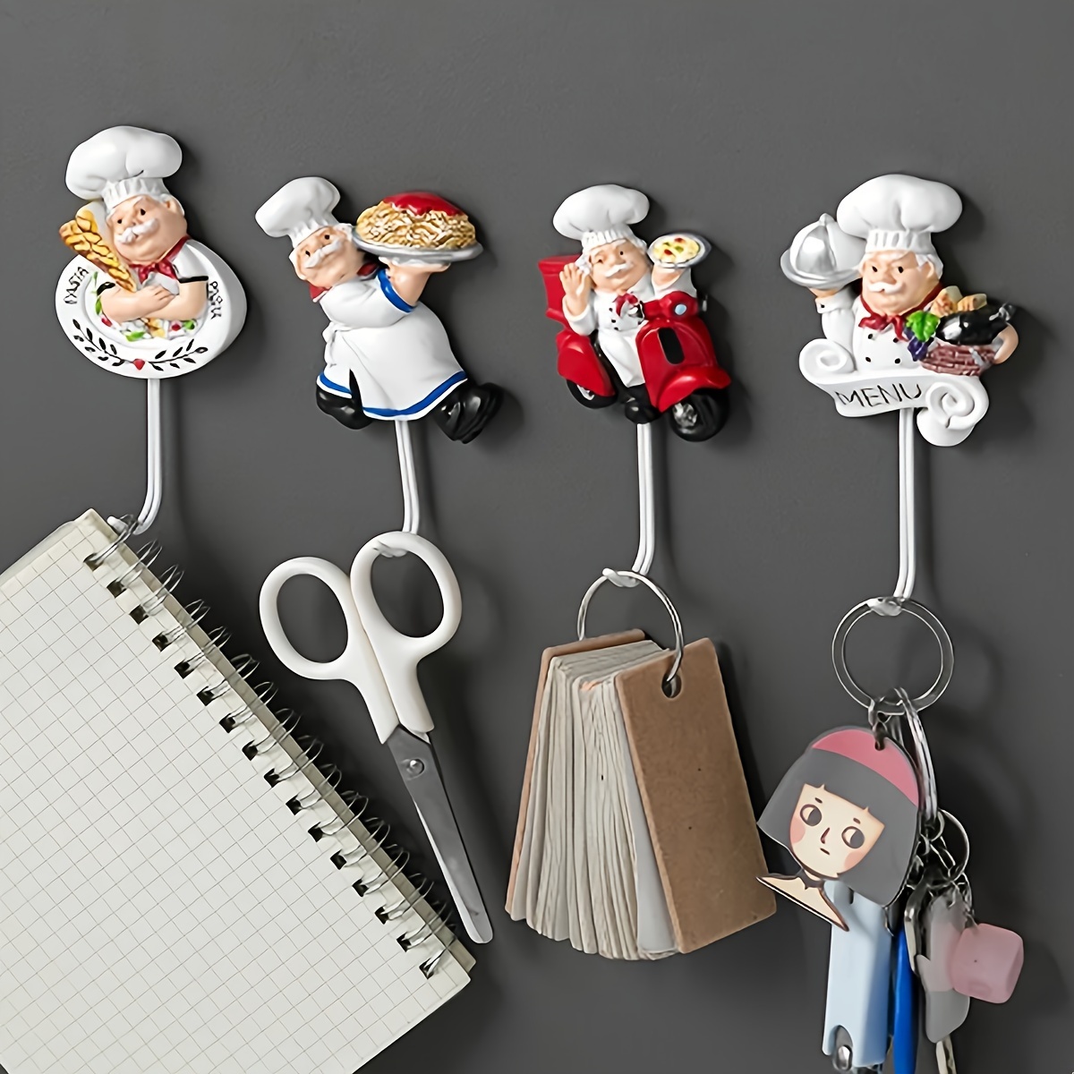 

4pcs French Chef Figurine Wall Decoration Hooks Fat Chef Kitchen Decor Resin Wall Hooks Resin Adhesive Hooks Cook Wall Mount Rack Hook Hanger For Home, Kitchen, Garden, Garage Organizing