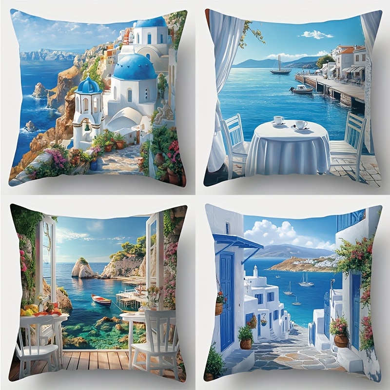 TEMU 2d Flat-print Pillowcases, 4pcs, Featuring Blue And White Architecture, Seaside Scenery, And Ocean , Embodying A Mediterranean Style Fresh And