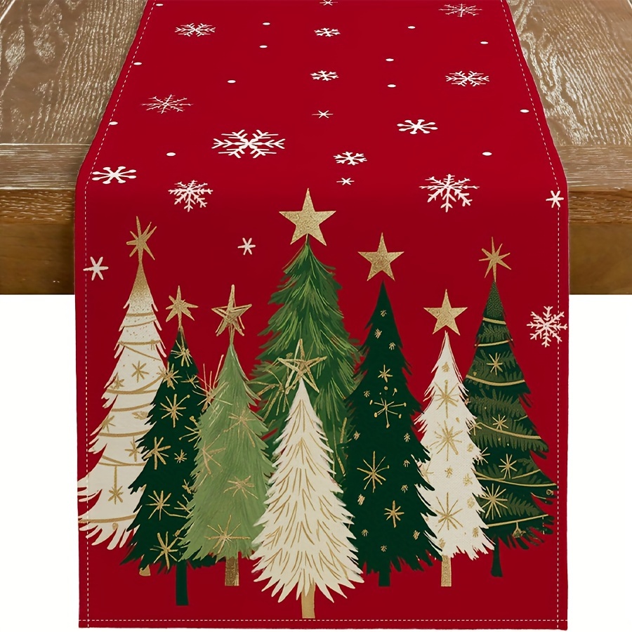 

1pc Christmas Table Runner - Linen Woven Square Tablecloth With Trees And Snowflakes - Farmhouse Decor For Kitchen Dining, Indoor Outdoor Dinner Party