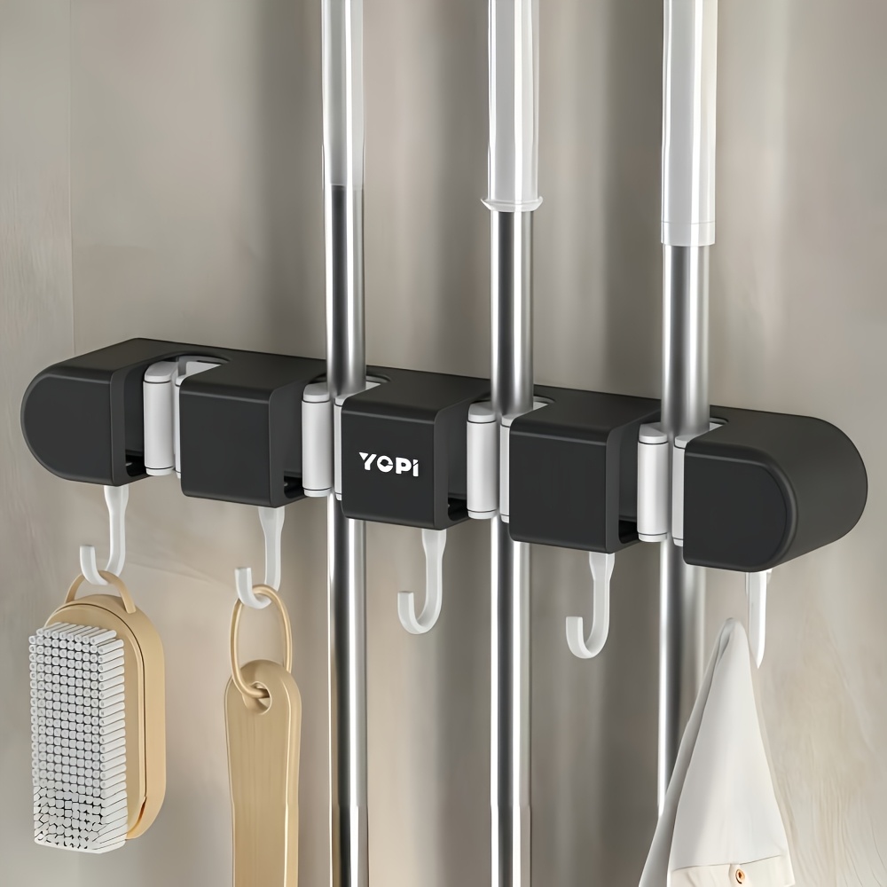 E-shop Wandmontierter Mopp-Halter mit Haken, selbstklebender Bürsten- und Kehrschaufel-Organizer ohne Bohren, Multi-Tool-Aufbewahrung für Badezimmer,