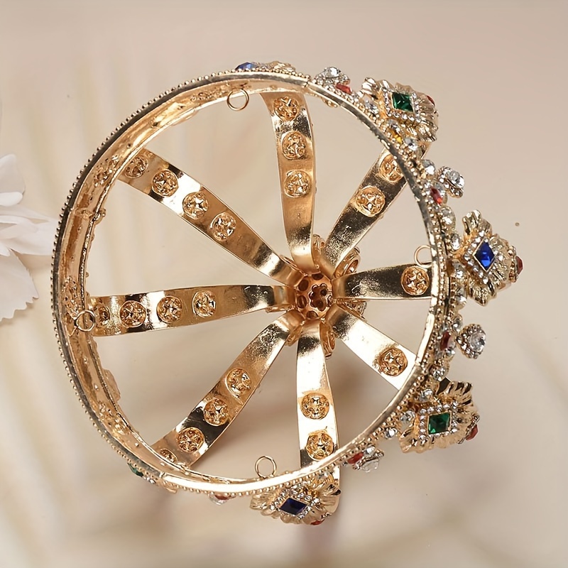 1pc elegant crown golden tone alloy with rhinestone accents classic vintage cosplay jewelry headdress unisex for men and women ideal for prom hair accessory decor details 2