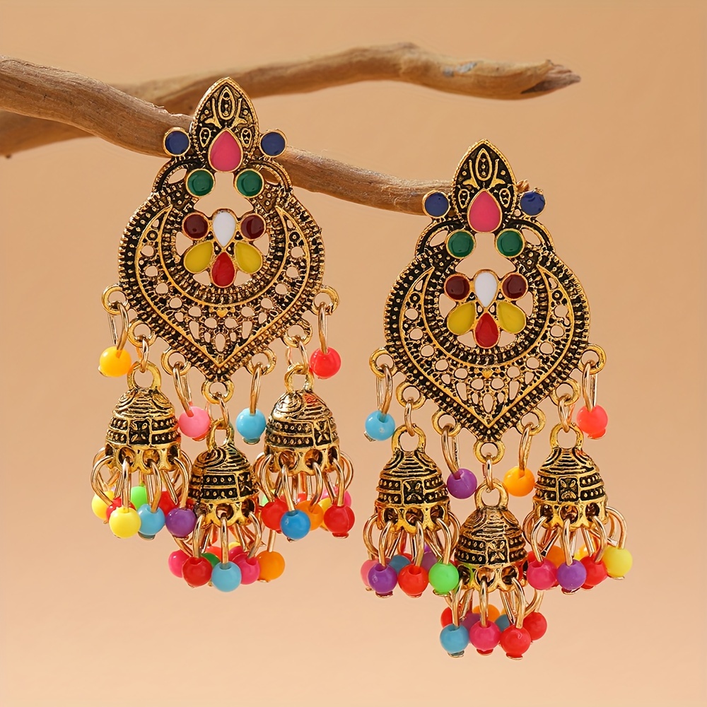 

Elegant Bohemian Bridal Earrings - 2pcs Set With Colorful Beads, Tassels & Jingle Bells - Perfect For Weddings, Parties & Festivals