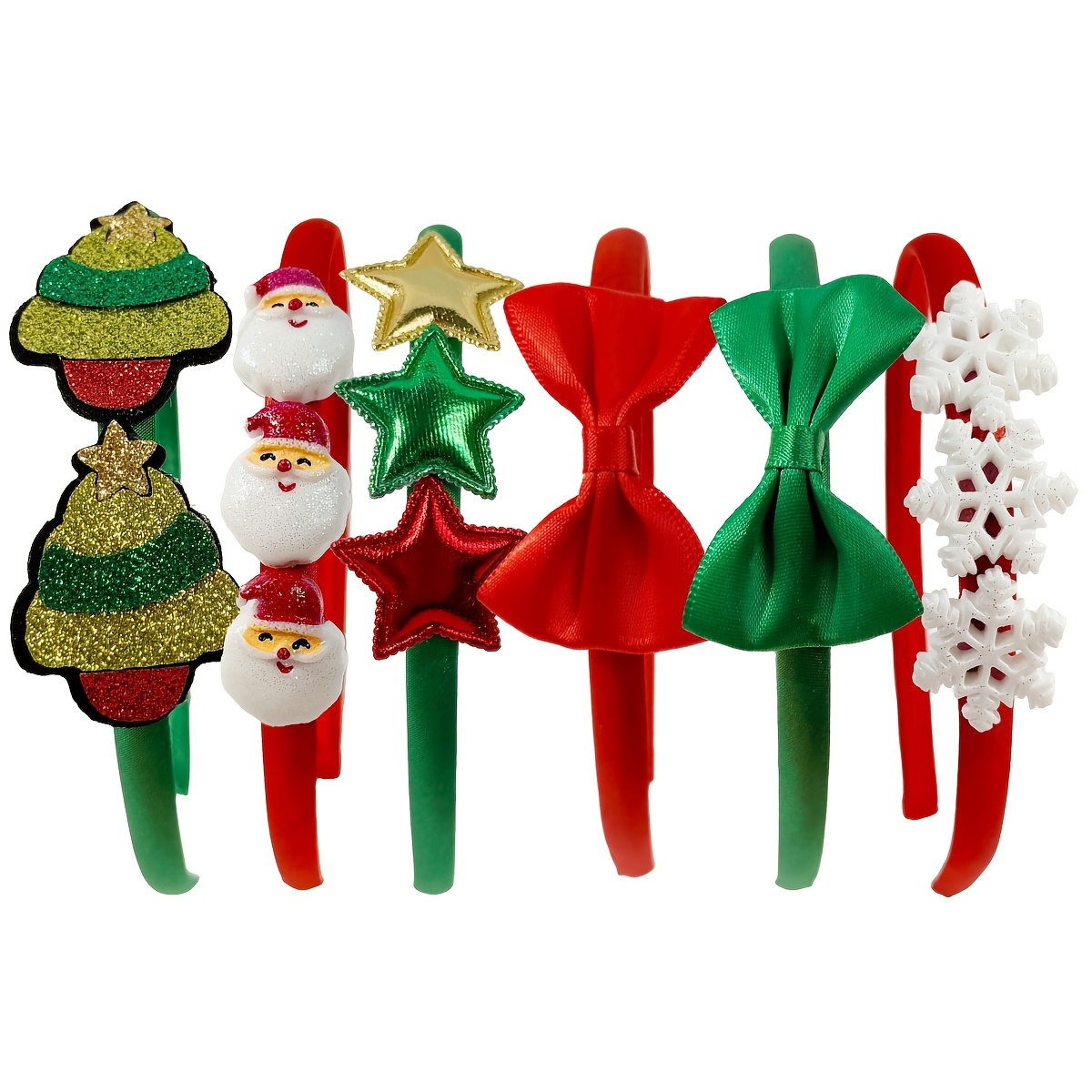 TEMU 6pcs Christmas Bow Headbands For Women, Satin Red And Green Santa Claus And Christmas Tree Headbands, Holiday Party Accessories