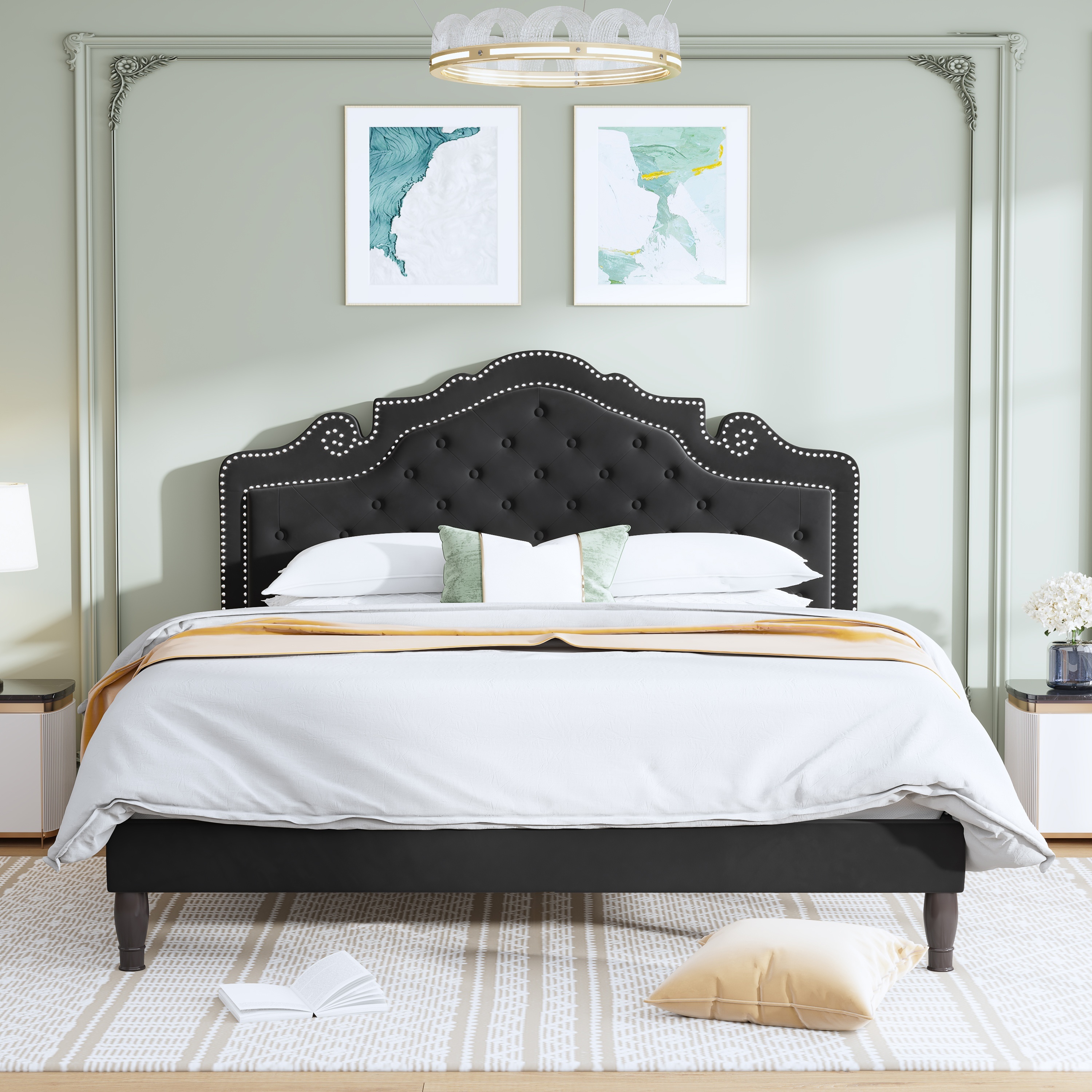 

Weeway Full/queen/king Bed Frame With Velvet Adjustable Tiara Curved Headboard And High , Upholstered Diamond Button Tufted Platform Bed With Wood Slats/ Spring Needed//black/dark Grey