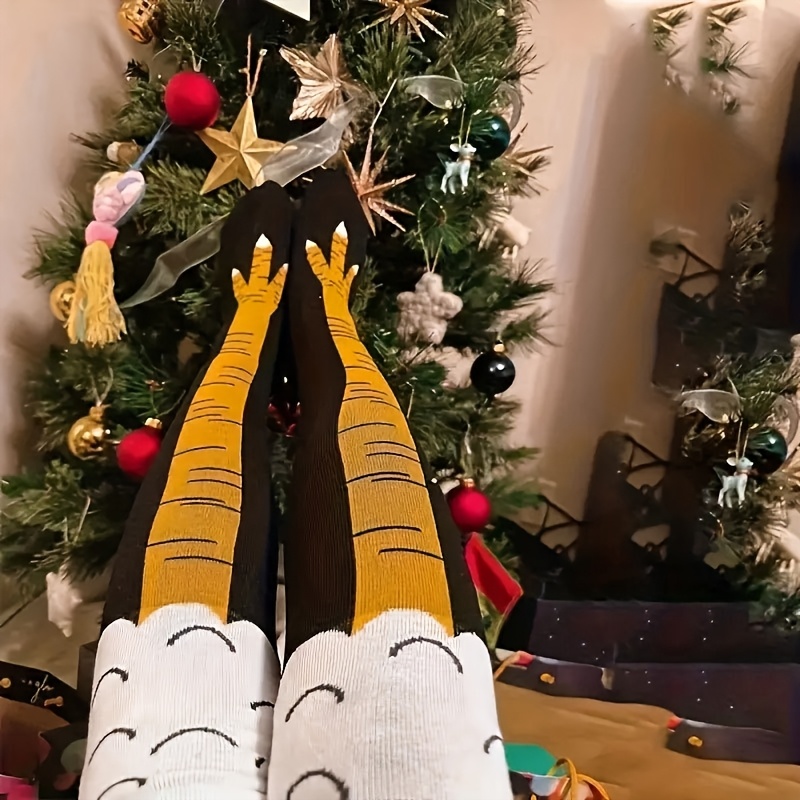 1 Pair Chicken Claw Print Knee-High Socks, 95% Polyester 5% Spandex, Animal Pattern Knit Fabric, Machine Washable, Couple'S Knee-Length Stockings