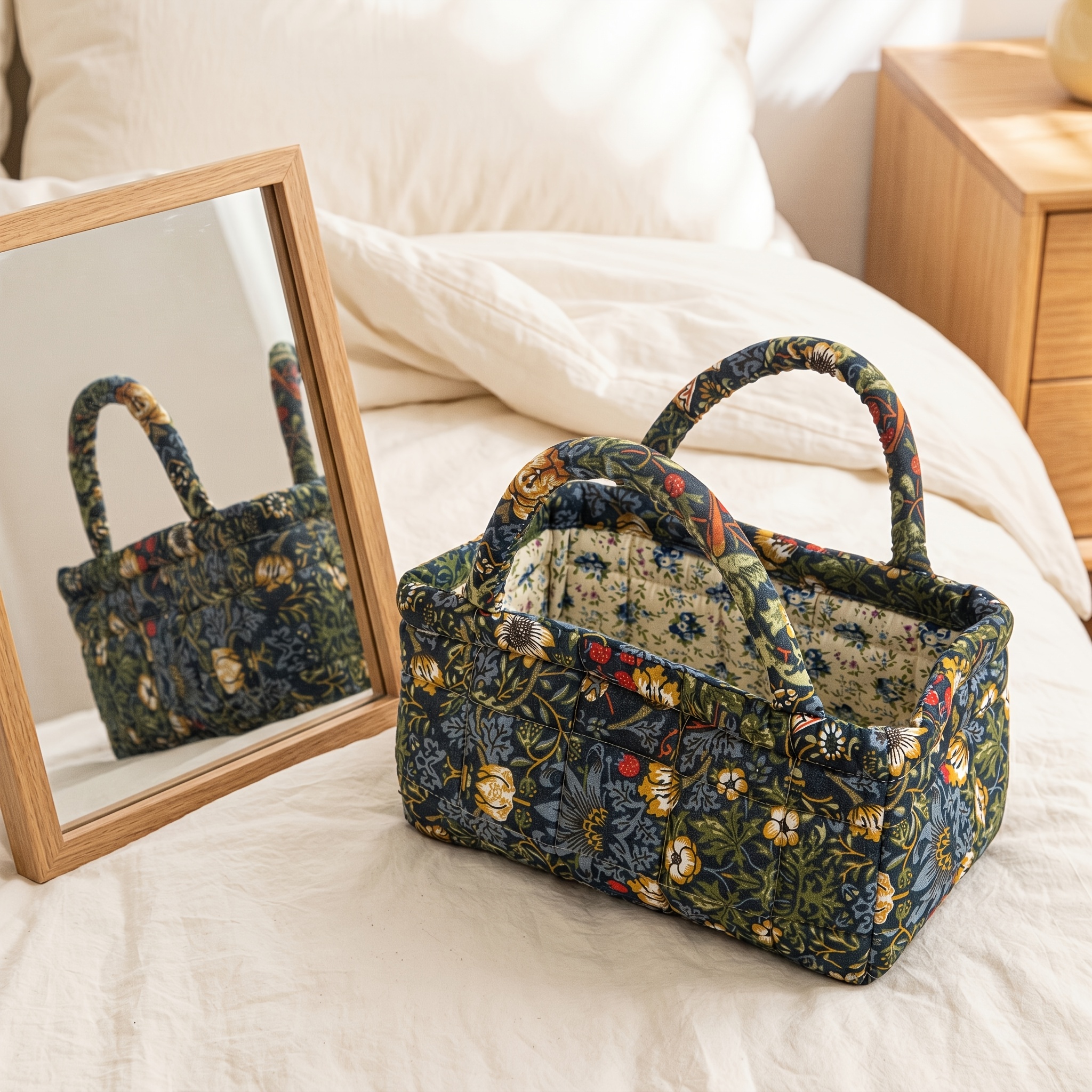 E-shop Gesteppter Aufbewahrungskorb mit Vintage-Blumendruck – Faltbarer Snackkorb mit Griffen, Wäschekorb, Badezimmer-Organizer